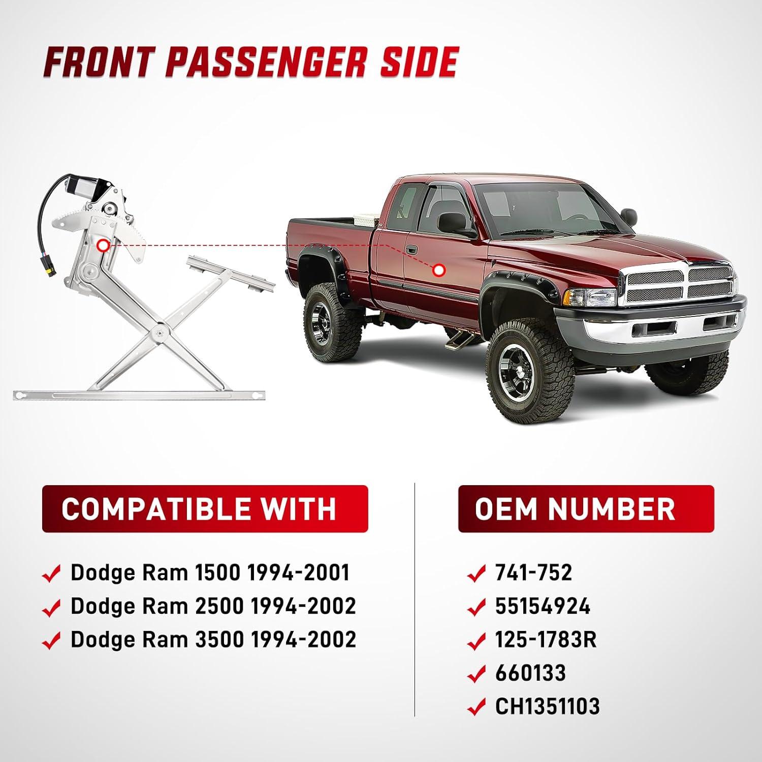 imageNilight 741752 Power Window Regulator and Motor Front Passenger Side Compatible with Dodge Ram 1500 1994 1995 1996 1997 1998 1999 2000 2001Ram 2500 3500 19942002Front Right Side