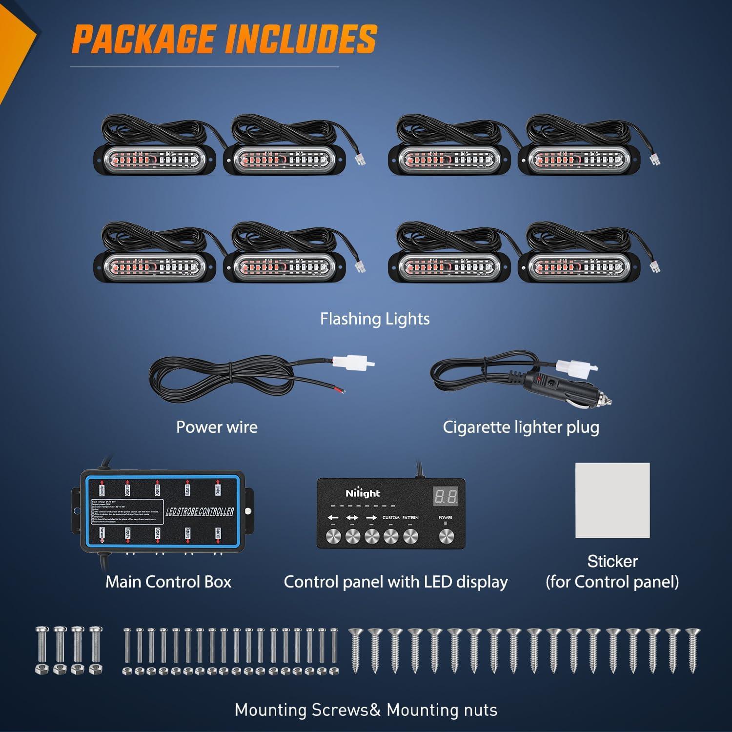 imageNilight 8PCS LED Strobe lights 12V Sync Feature Amber White 12 24LED Emergency Hazard Warning Lights with Controller for Cars Trucks RVs Campers 2 Years WarrantyRedBlue with Controller