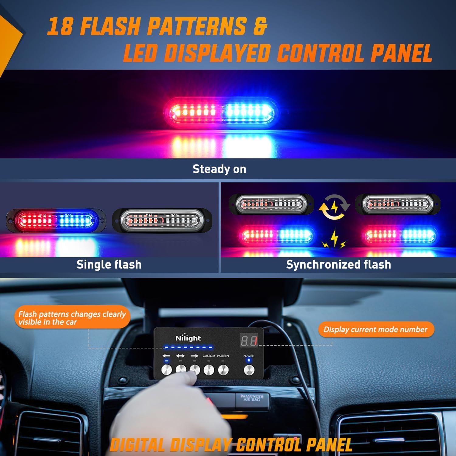 imageNilight 8PCS LED Strobe lights 12V Sync Feature Amber White 12 24LED Emergency Hazard Warning Lights with Controller for Cars Trucks RVs Campers 2 Years WarrantyRedBlue with Controller