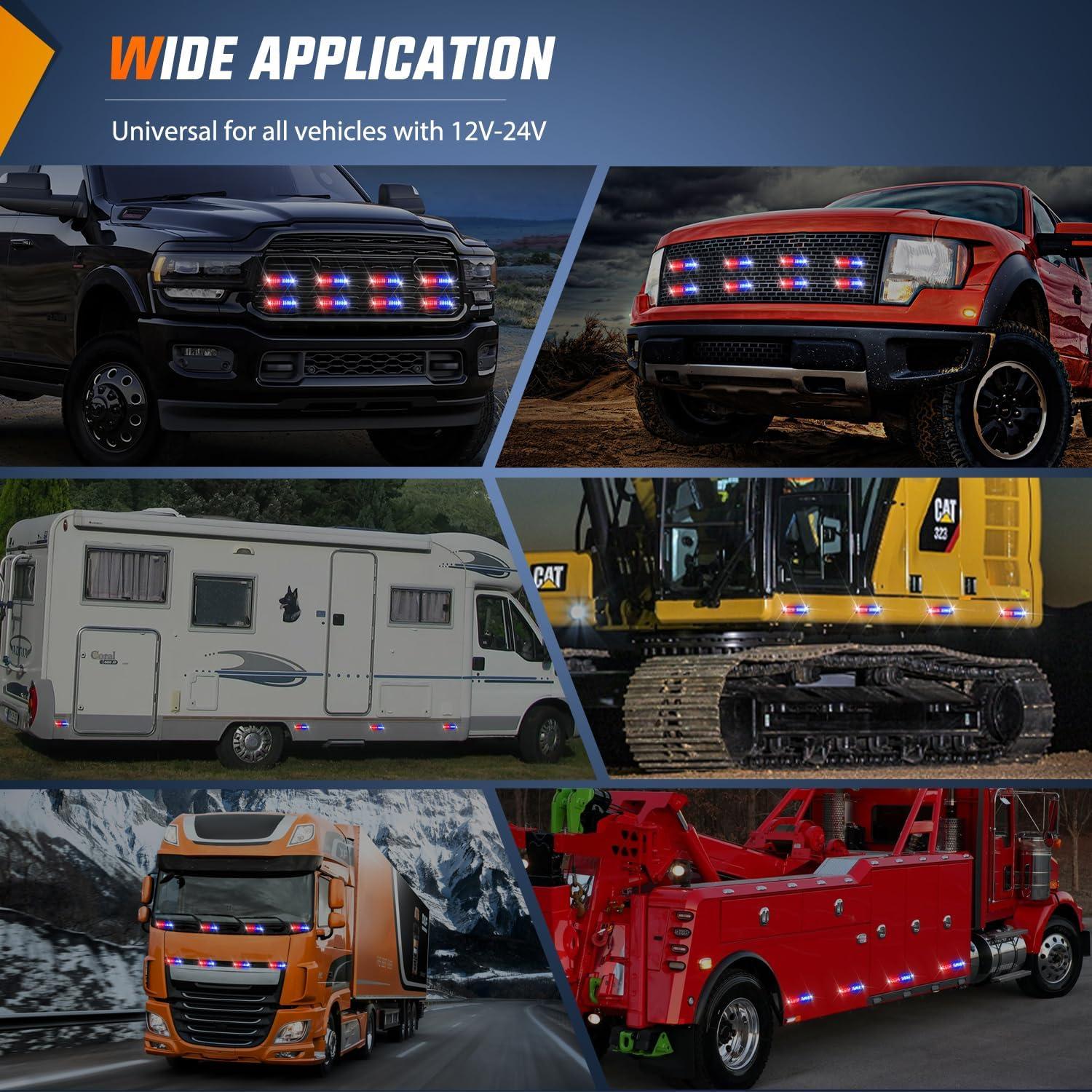 imageNilight 8PCS LED Strobe lights 12V Sync Feature Amber White 12 24LED Emergency Hazard Warning Lights with Controller for Cars Trucks RVs Campers 2 Years WarrantyRedBlue with Controller