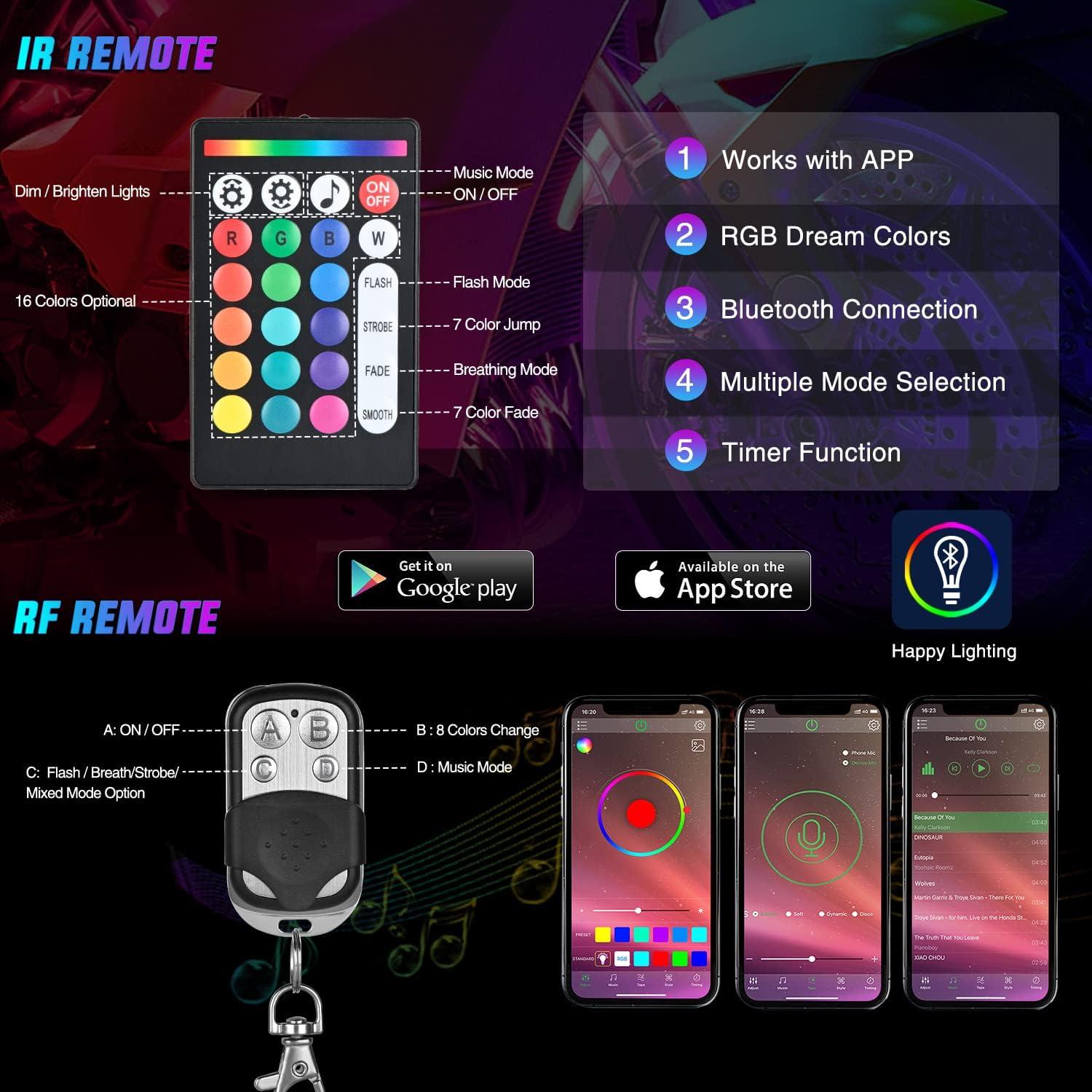 imageNilight 8PCS Motorcycle RGB Led Light Kit Waterproof MultiColor Atmosphere Lights Lamp with 4Key RF Wireless Remote for Harley Davidson Honda Kawasaki Suzuki 2 Years Warranty TL428Pcs RGB LED StripAPP