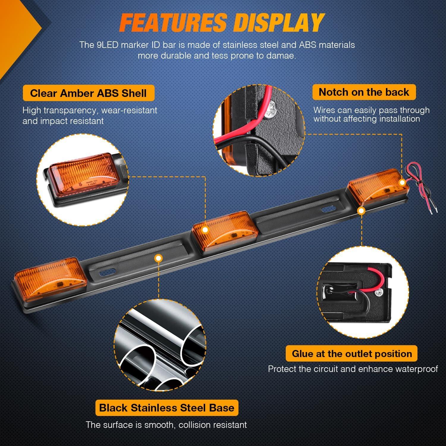 imageNilight 9 LED Marker Tail Trailer Light Bar 142Inch 2 PCS Red Clearance Identification Running Mark ID Rear Stainless Steel Bracket for 12V Pickup Truck RV BoatAmber 2Pcs