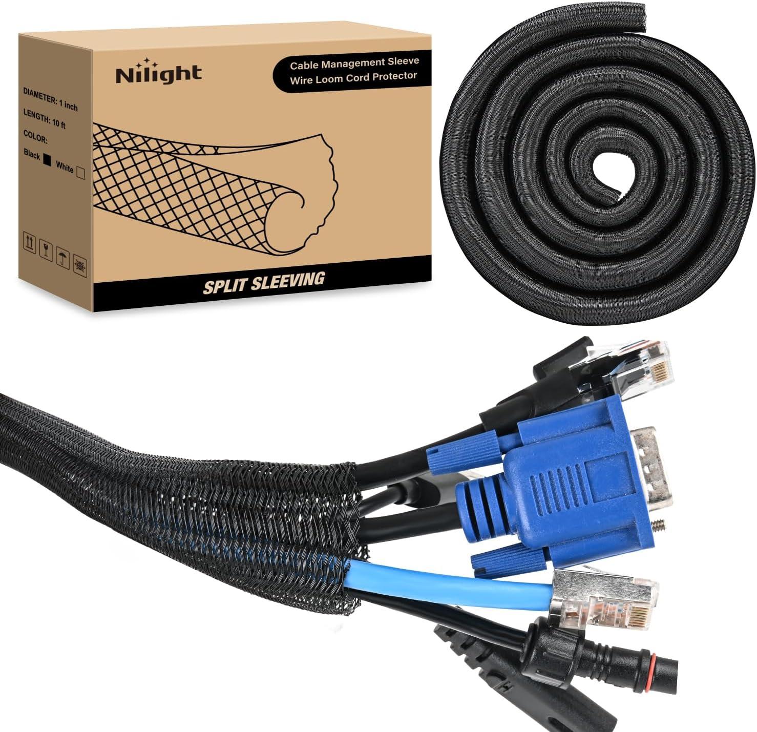 imageNilight Cable Sleeve25ft1inch Cord Management Sleeves Braided Sleeving Split Self Wrapping Wire Loom for Computer Electrical Automotive Harness Protector Organizer WhiteBlack