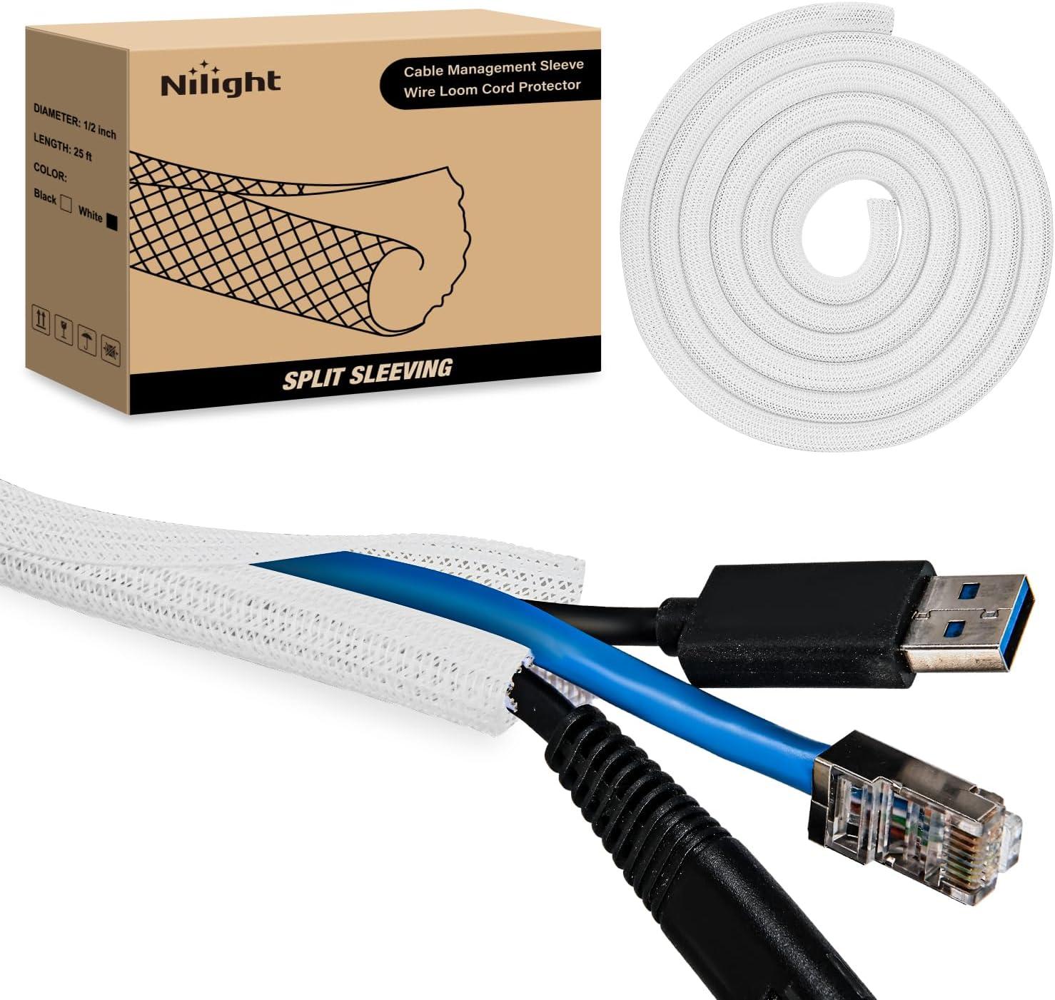 imageNilight Cable Sleeve25ft1inch Cord Management Sleeves Braided Sleeving Split Self Wrapping Wire Loom for Computer Electrical Automotive Harness Protector Organizer WhiteWhite