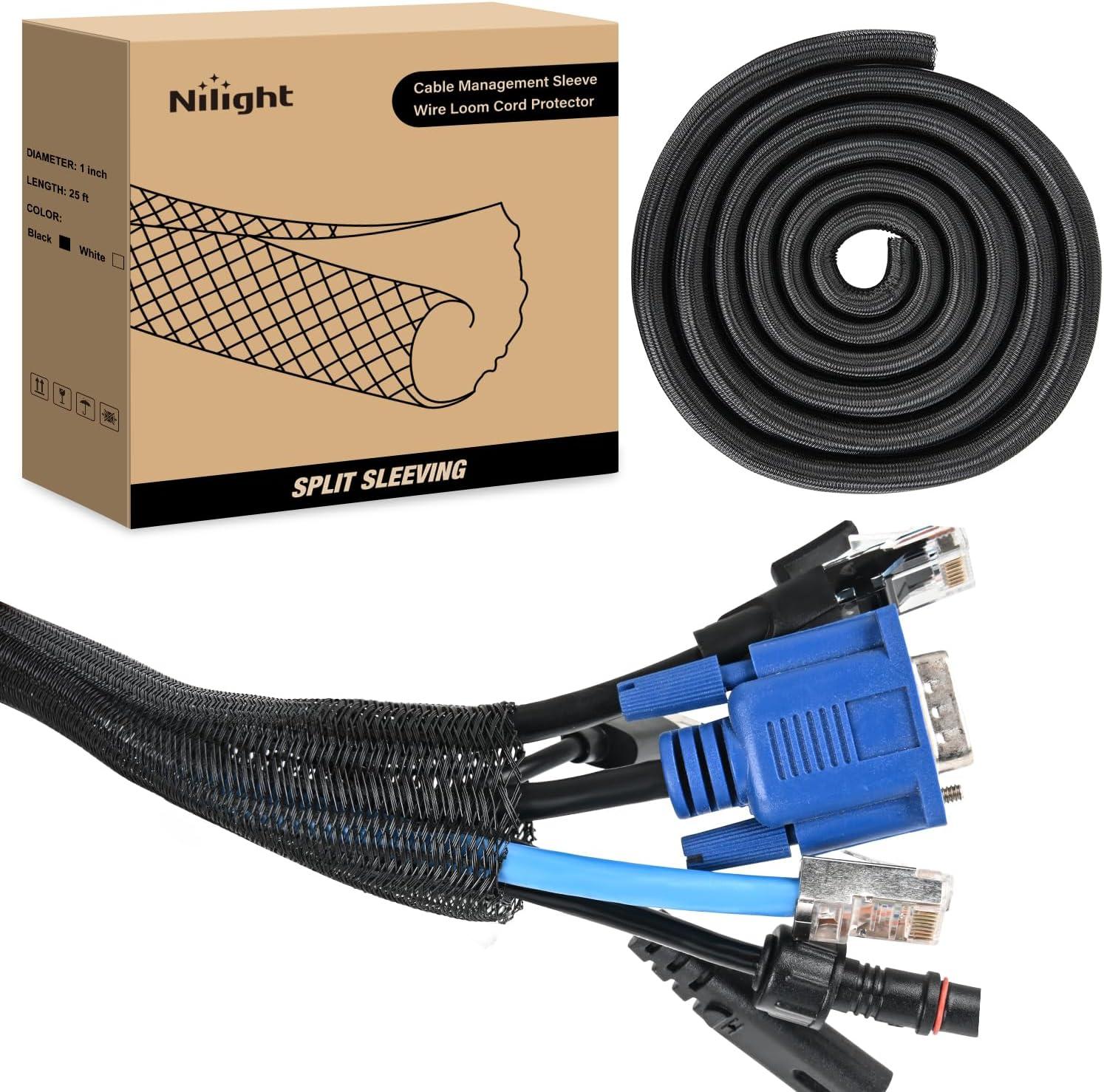imageNilight Cable Sleeve25ft1inch Cord Management Sleeves Braided Sleeving Split Self Wrapping Wire Loom for Computer Electrical Automotive Harness Protector Organizer WhiteBlack