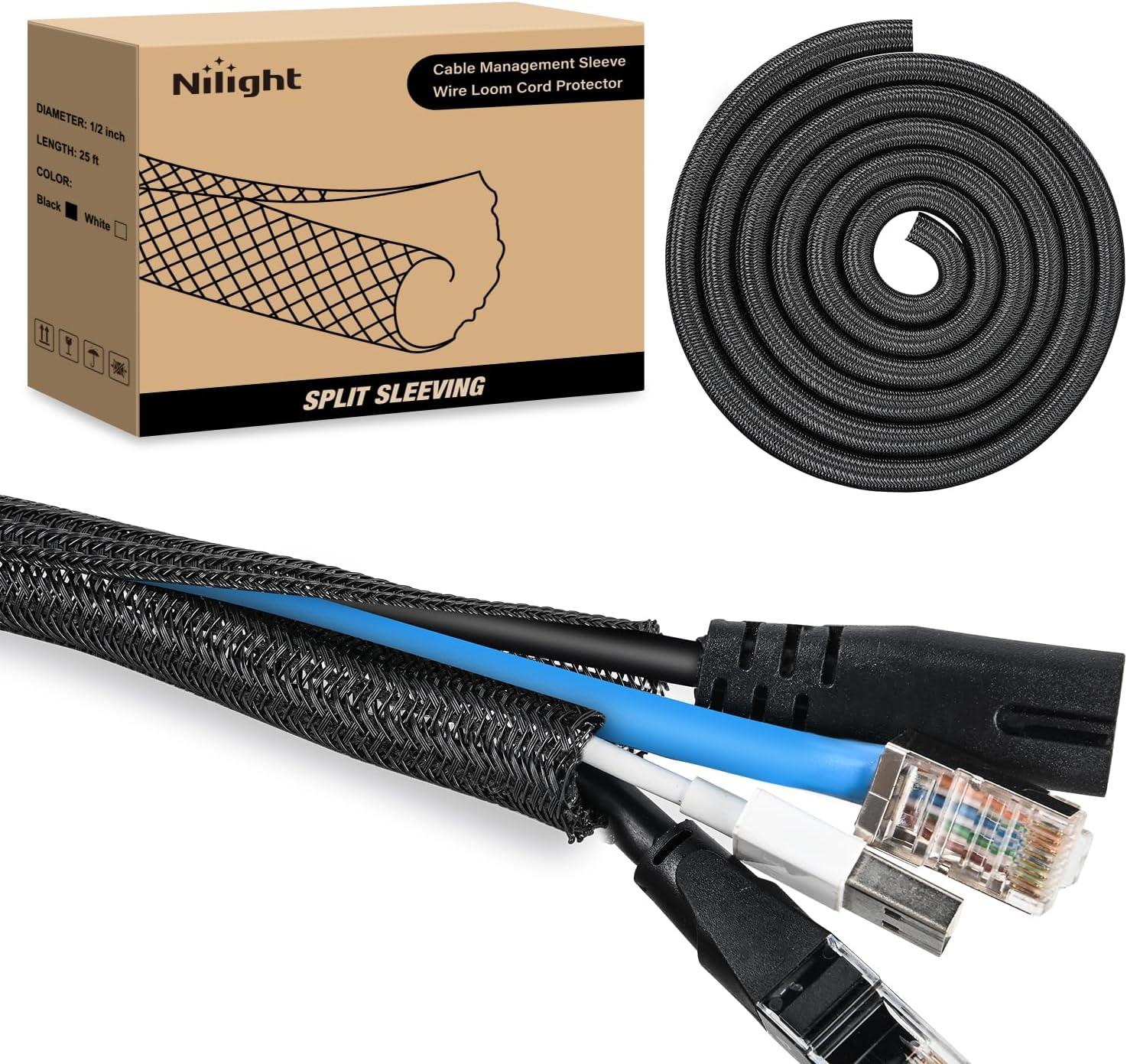 imageNilight Cable Sleeve25ft1inch Cord Management Sleeves Braided Sleeving Split Self Wrapping Wire Loom for Computer Electrical Automotive Harness Protector Organizer WhiteBlack