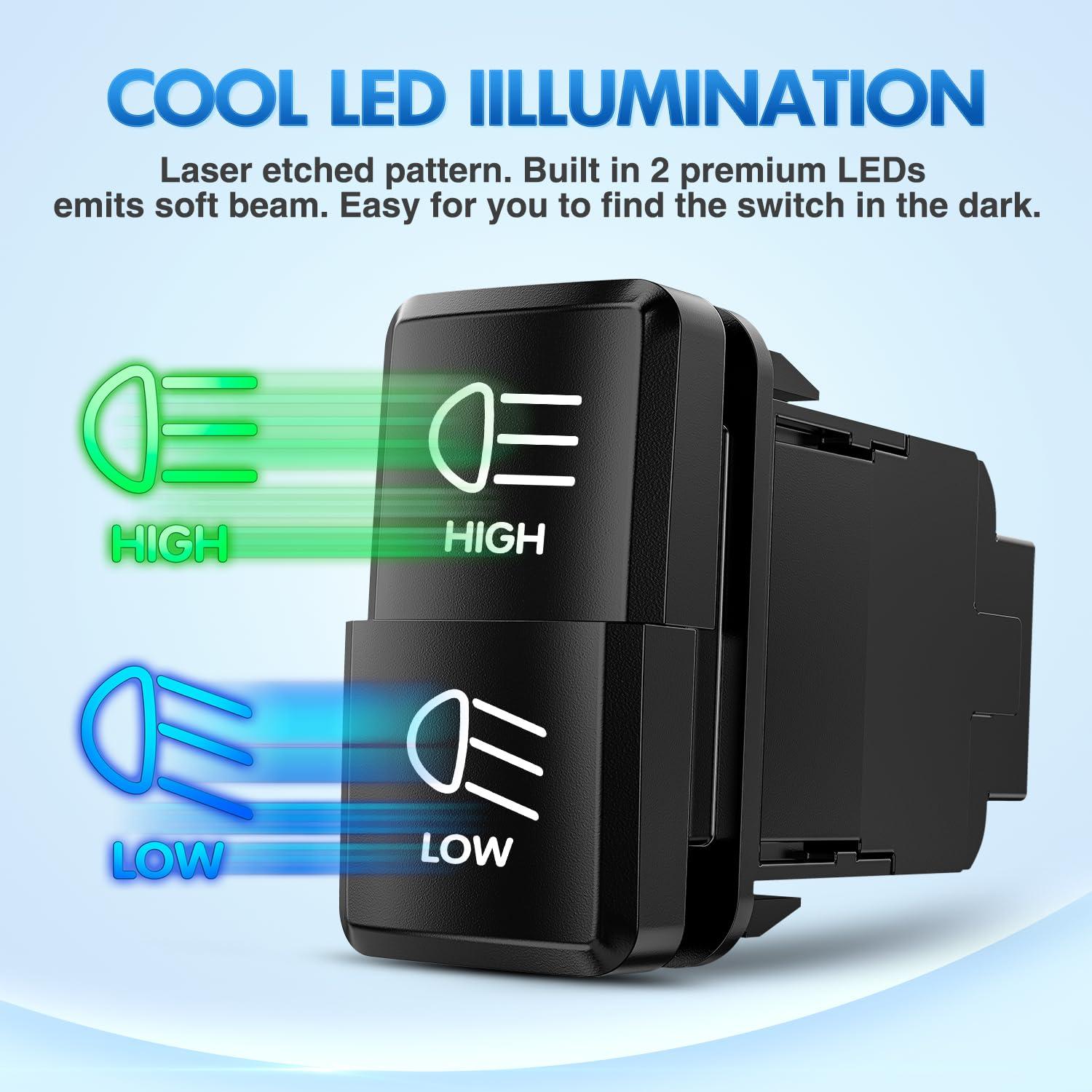 imageNilight Camping Lights Push Button Switch 12V ON Off Switches with Connector Wire Kit 154quot x 083quot Replacement for Toyota FJ Cruiser Fortuner Ta coma Highlander Tundra 4Runner Prado Land CruiserHigh Beam  Low Beam