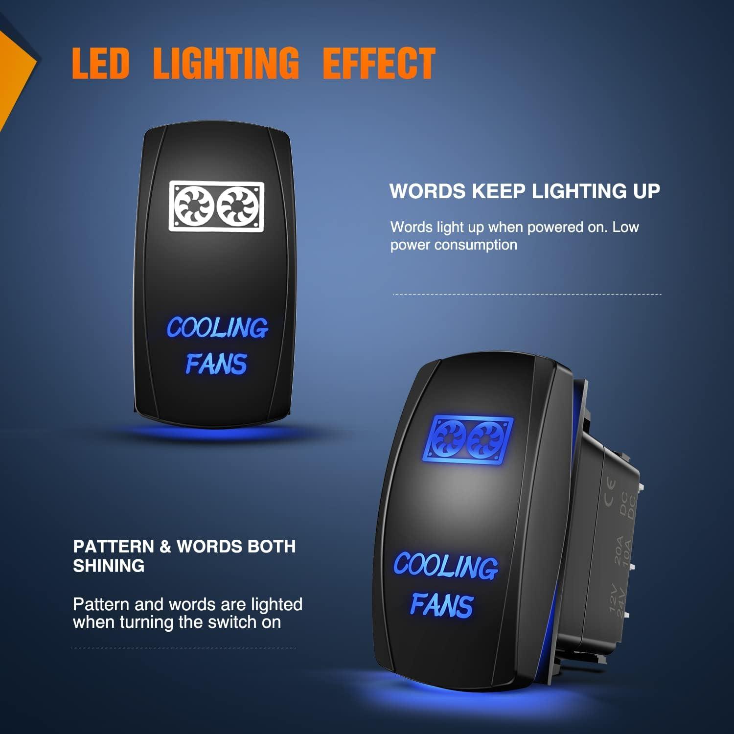 imageNilight Cooling Fans Rocker Switch Led Light Bar 5Pin Laser On Off SPST switches 20A12V 10A24V Blue with Jumper Wires Set for Cars Trucks RVsBlue