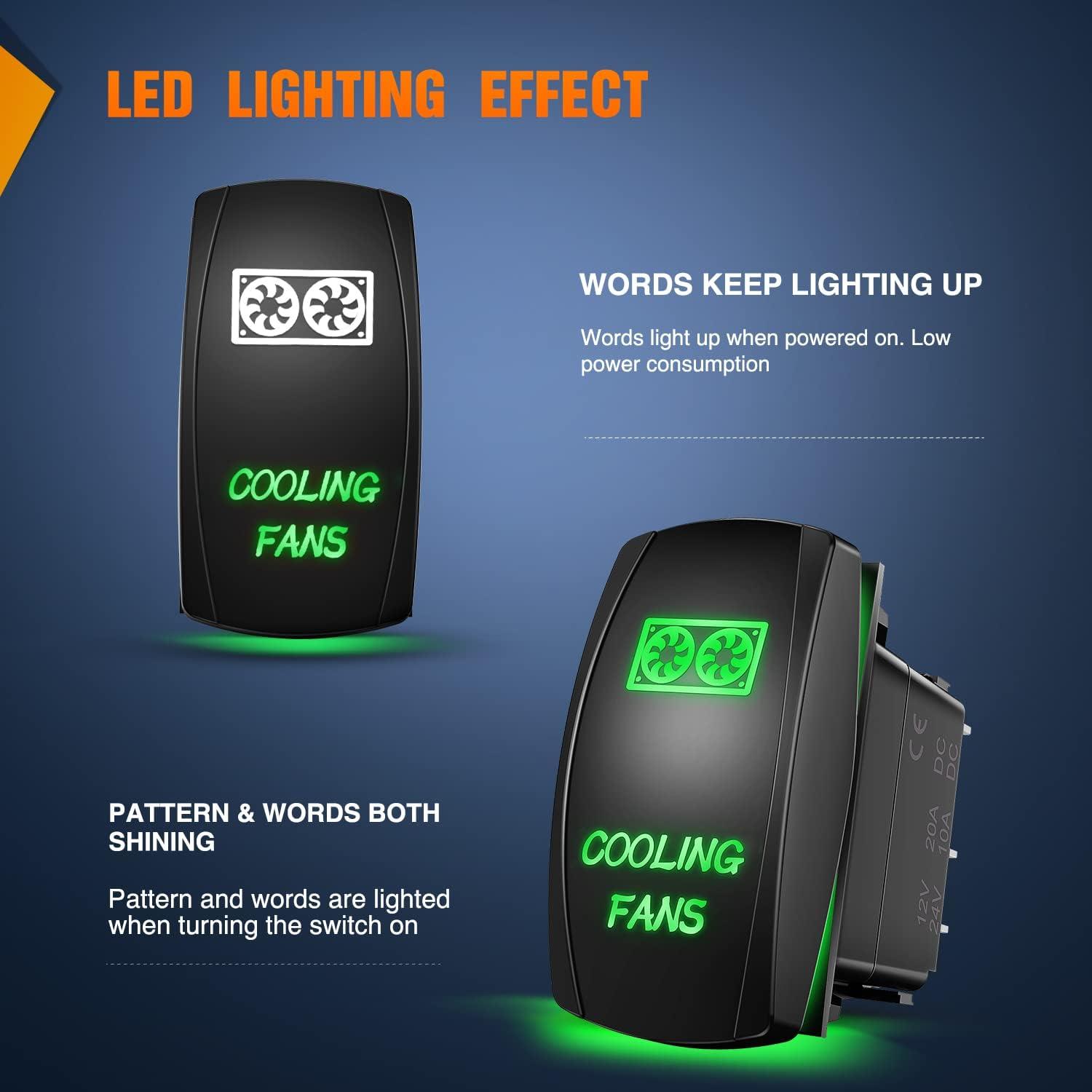 imageNilight Cooling Fans Rocker Switch Led Light Bar 5Pin Laser On Off SPST switches 20A12V 10A24V Blue with Jumper Wires Set for Cars Trucks RVsGreen