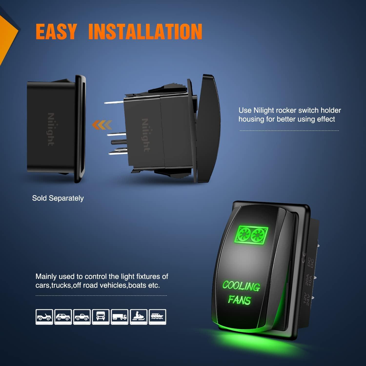 imageNilight Cooling Fans Rocker Switch Led Light Bar 5Pin Laser On Off SPST switches 20A12V 10A24V Blue with Jumper Wires Set for Cars Trucks RVsGreen