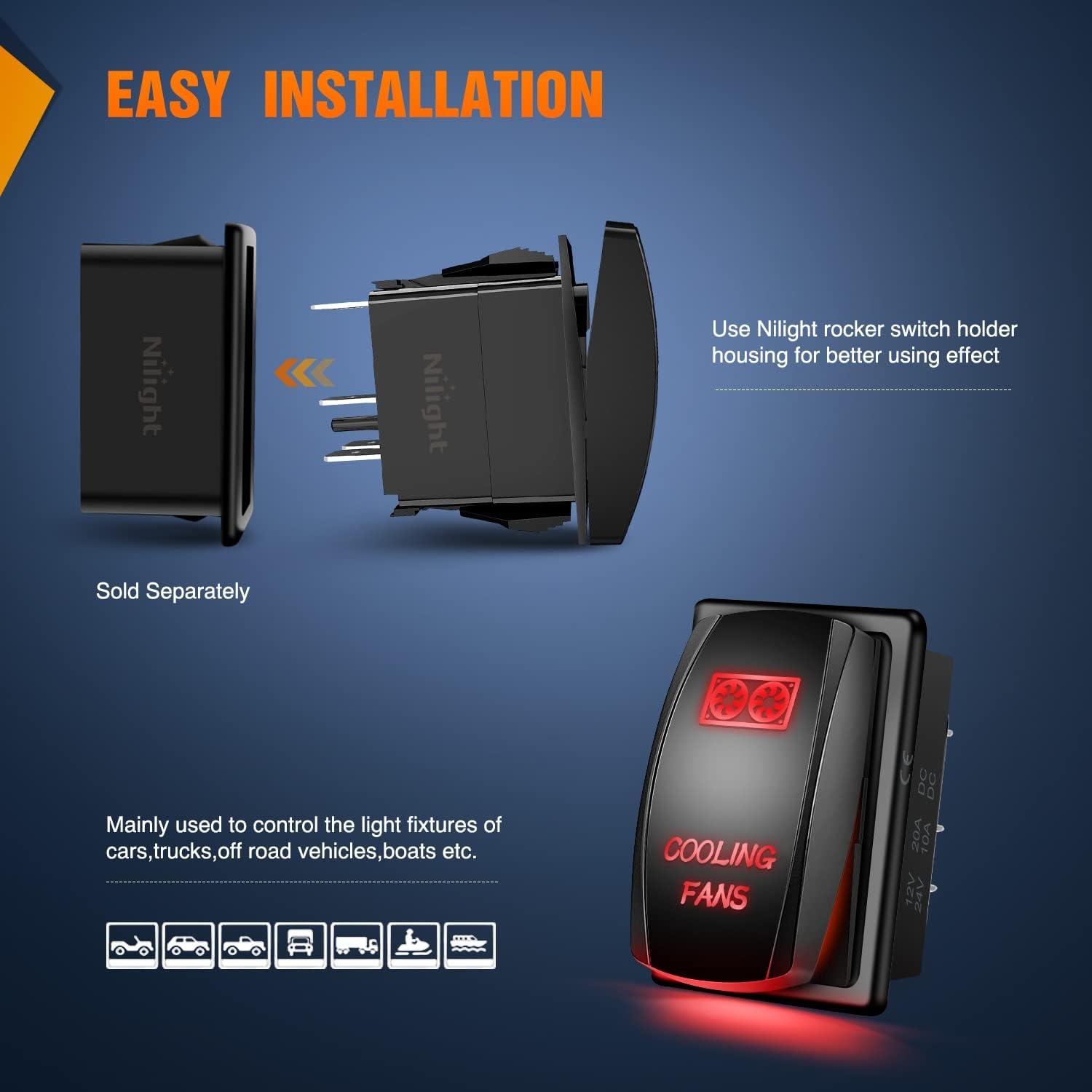 imageNilight Cooling Fans Rocker Switch Led Light Bar 5Pin Laser On Off SPST switches 20A12V 10A24V Blue with Jumper Wires Set for Cars Trucks RVsRed