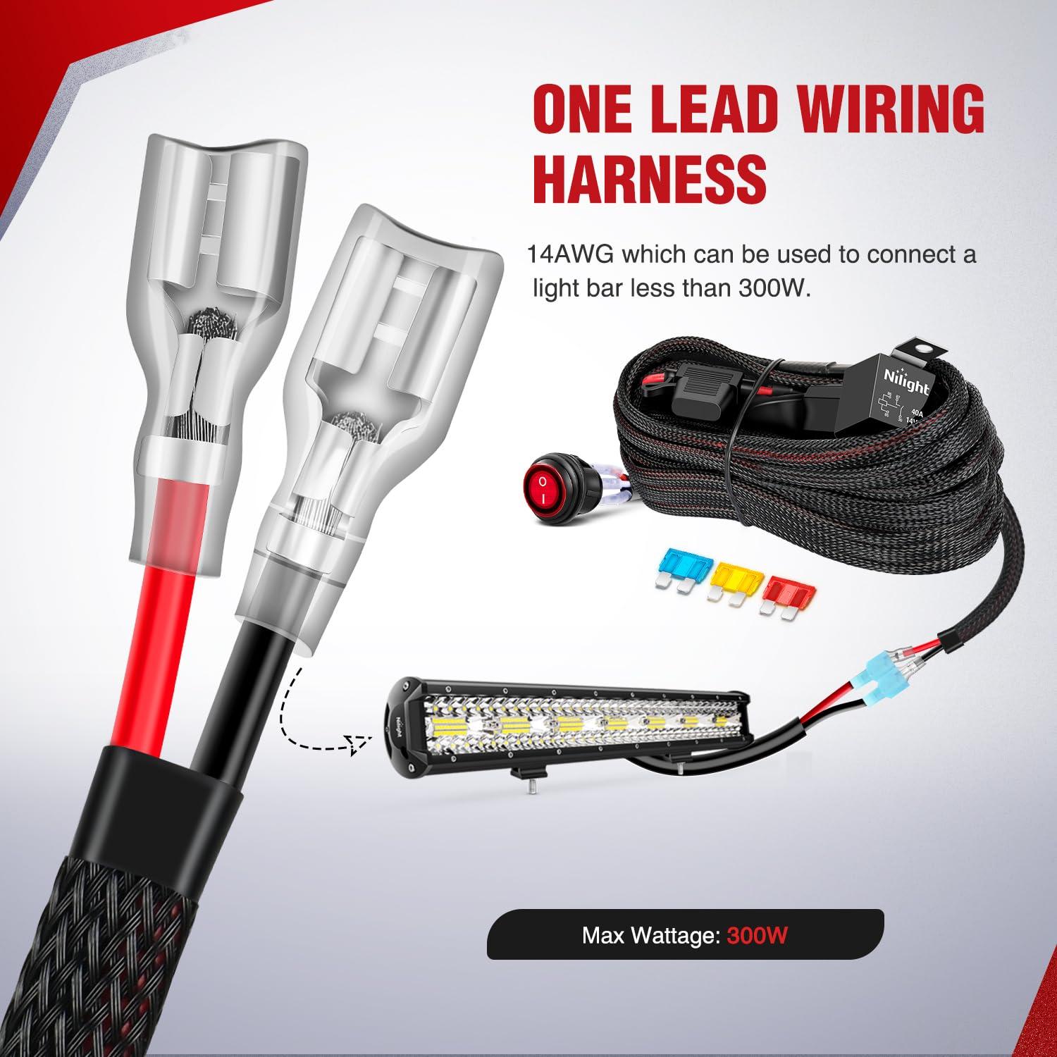imageNilight Copper LED Light Bar Wiring Harness Kit  1 Lead 12AWG Heavy Duty 12V On Off Switch Power Relay Blade Fuse for Off Road LED Work Light2 Years Warranty14AWG1 LeadNylon Wire Loom
