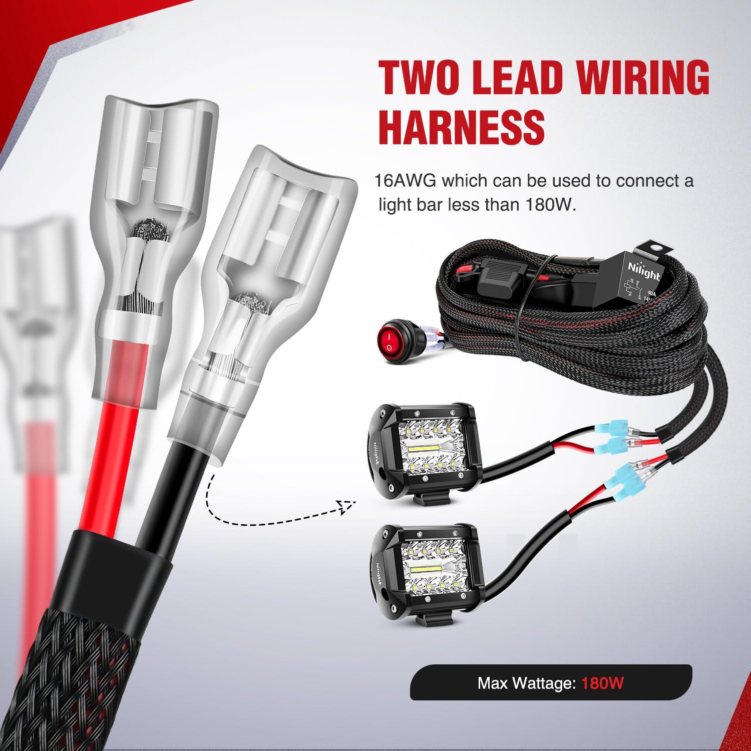 imageNilight Copper LED Light Bar Wiring Harness Kit  1 Lead 12AWG Heavy Duty 12V On Off Switch Power Relay Blade Fuse for Off Road LED Work Light2 Years Warranty16AWG2 LeadNylon Wire Loom