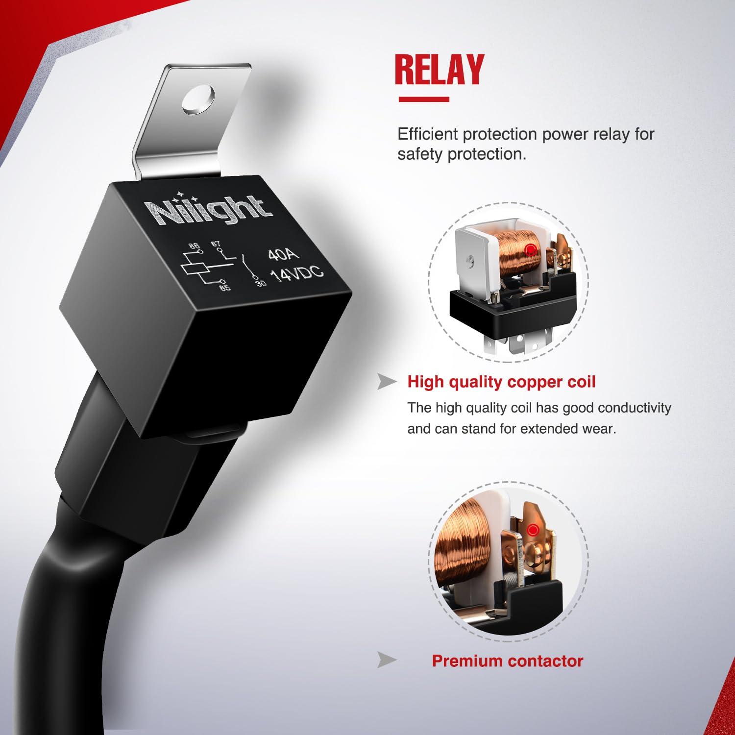 imageNilight Copper LED Light Bar Wiring Harness Kit  1 Lead 12AWG Heavy Duty 12V On Off Switch Power Relay Blade Fuse for Off Road LED Work Light2 Years Warranty14AWG2 LeadNylon Wire Loom