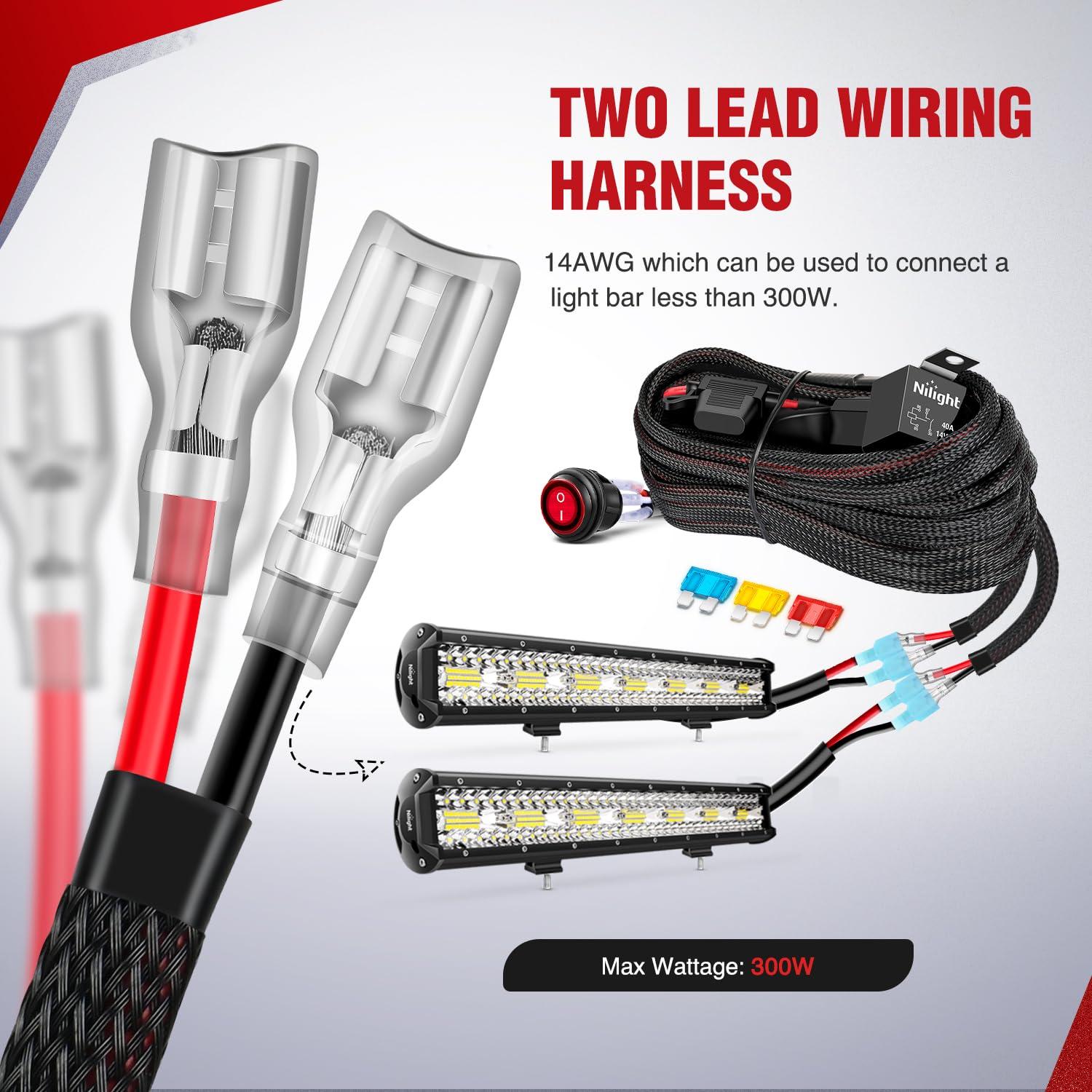 imageNilight Copper LED Light Bar Wiring Harness Kit  1 Lead 12AWG Heavy Duty 12V On Off Switch Power Relay Blade Fuse for Off Road LED Work Light2 Years Warranty14AWG2 LeadNylon Wire Loom
