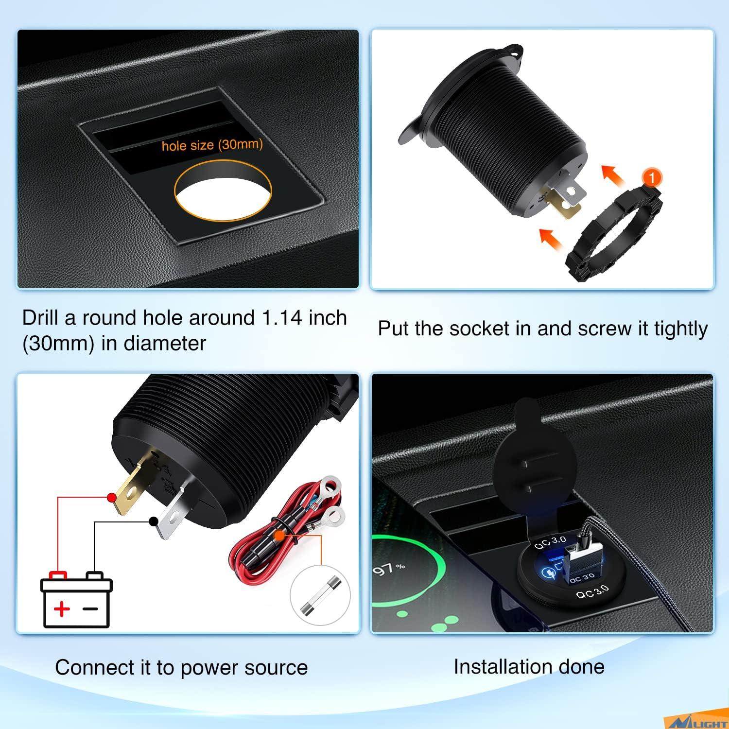 imageNilight Dual USB Socket PD Type C and QC30 12V 24V Car Outlet ON Off Touch Switch Fused Wire Kit for Cars Trucks RVs CampersPD Type C and Dual USB
