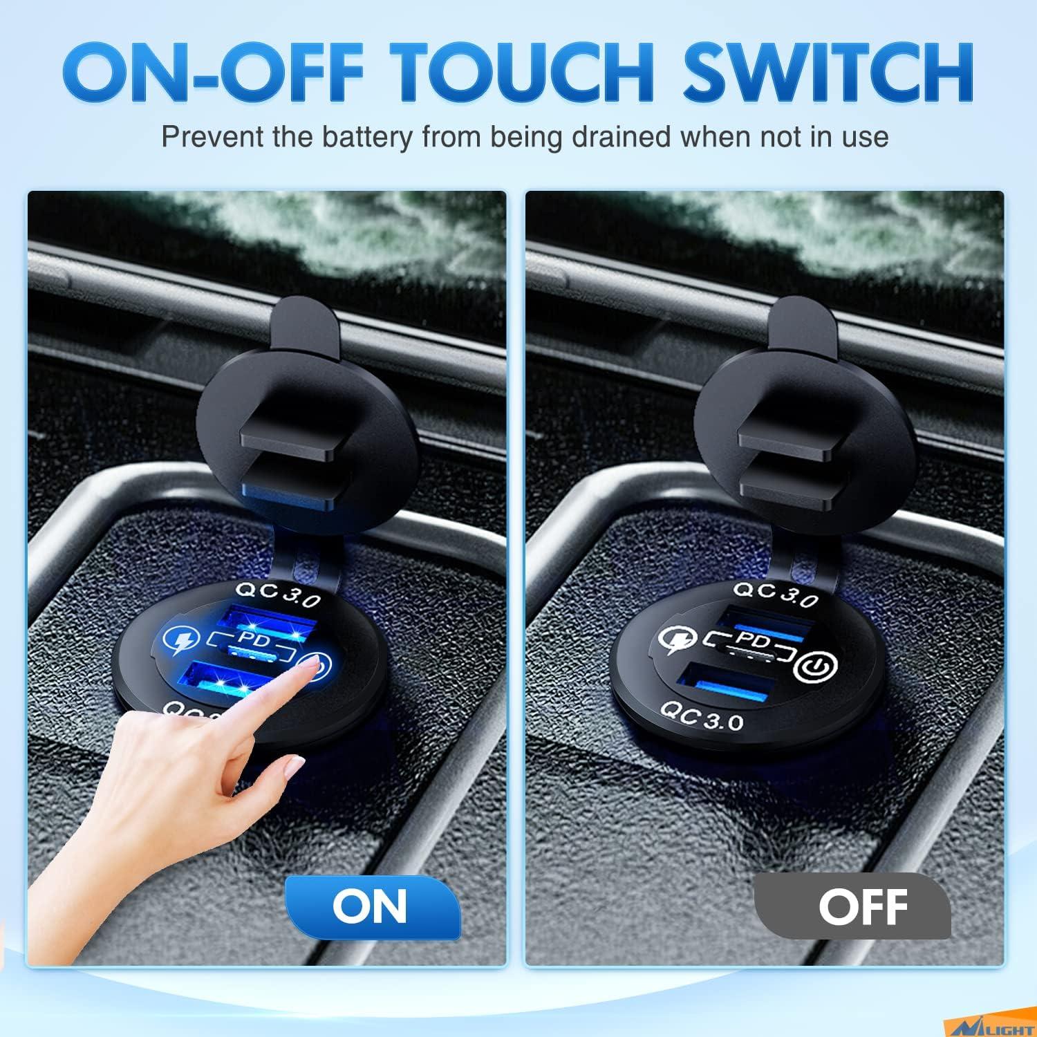 imageNilight Dual USB Socket PD Type C and QC30 12V 24V Car Outlet ON Off Touch Switch Fused Wire Kit for Cars Trucks RVs CampersPD Type C and Dual USB