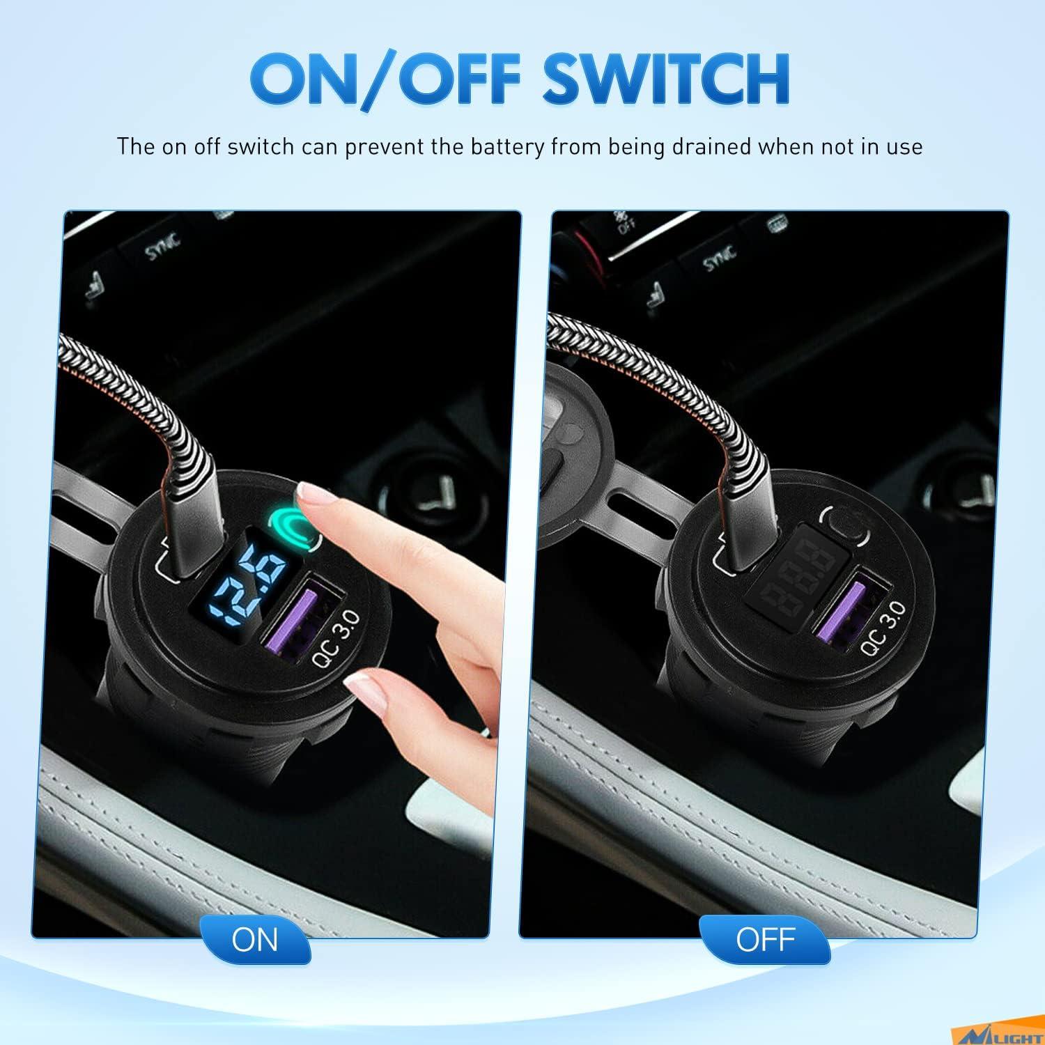 imageNilight Dual USB Socket PD Type C and QC30 12V 24V Car Outlet ON Off Touch Switch Fused Wire Kit for Cars Trucks RVs CampersPD Type C and USB