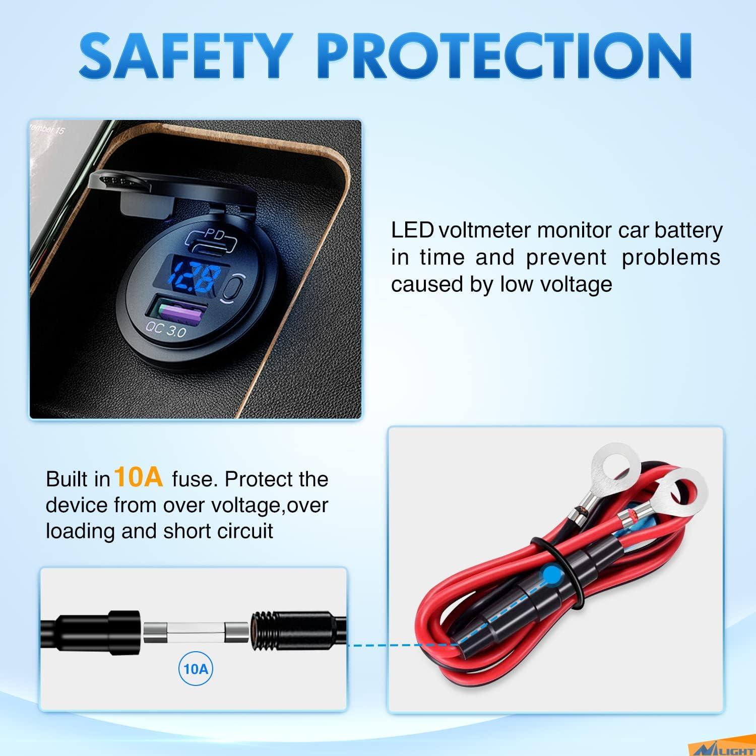 imageNilight Dual USB Socket PD Type C and QC30 12V 24V Car Outlet ON Off Touch Switch Fused Wire Kit for Cars Trucks RVs CampersPD Type C and USB