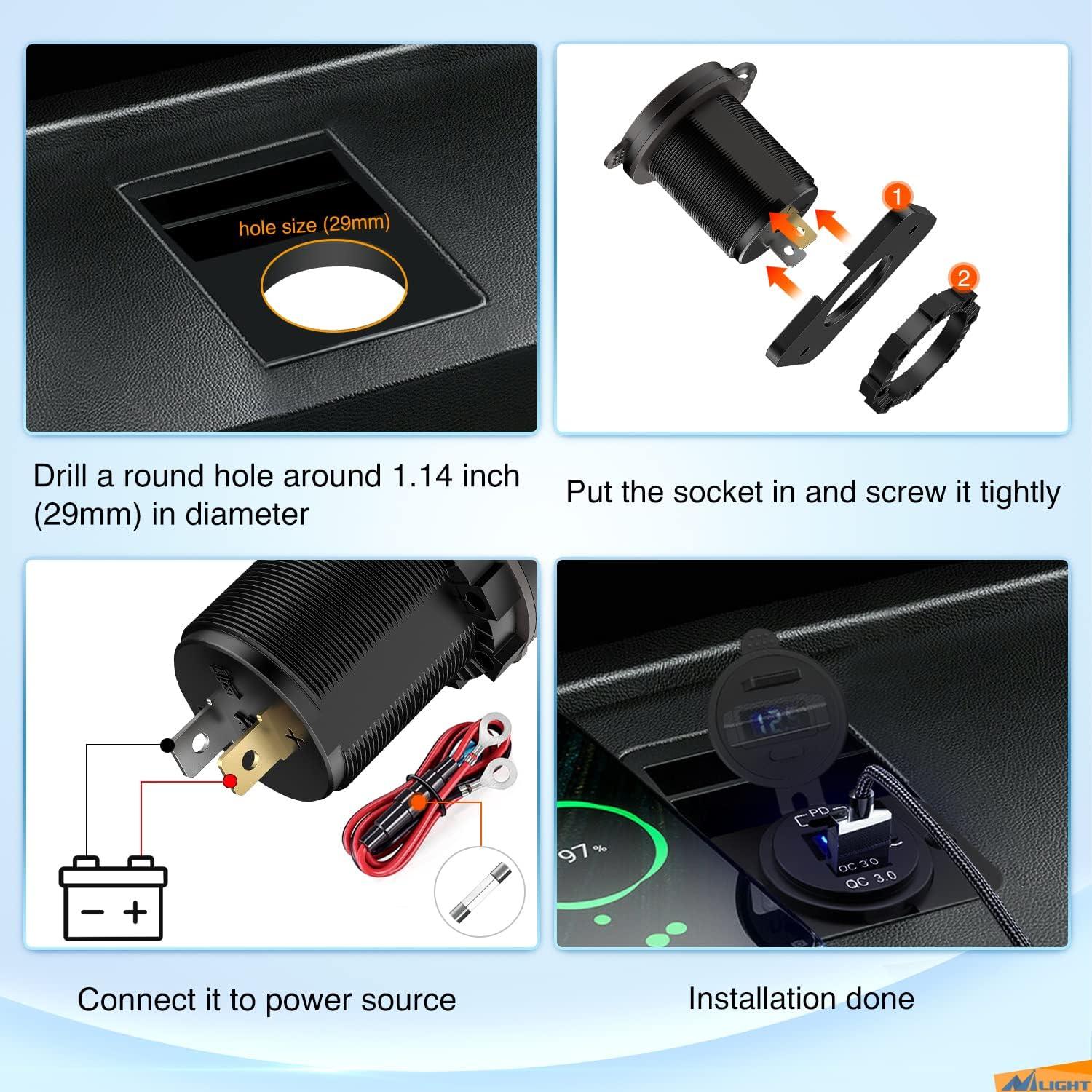 imageNilight Dual USB Socket PD Type C and QC30 12V 24V Car Outlet ON Off Touch Switch Fused Wire Kit for Cars Trucks RVs CampersPD Type C and USB