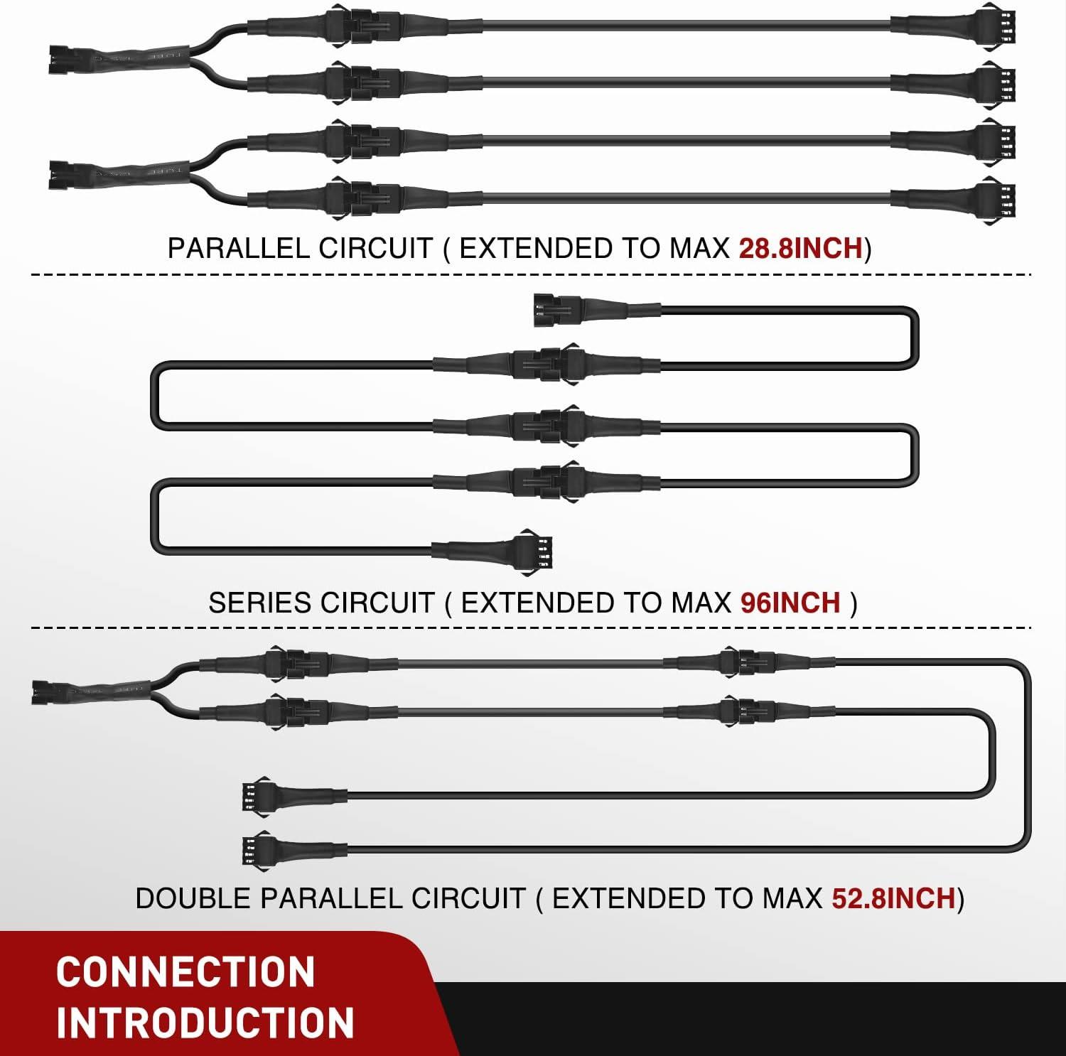 imageNilight Extension Cable for Motorcycle LED Strip Lights 4PCS 2 Feet Extension Cords 3PCS 2 Way Y Splitter 4PIN Extension Cord for Underglow Neon Accent Light Strips Rock Lights