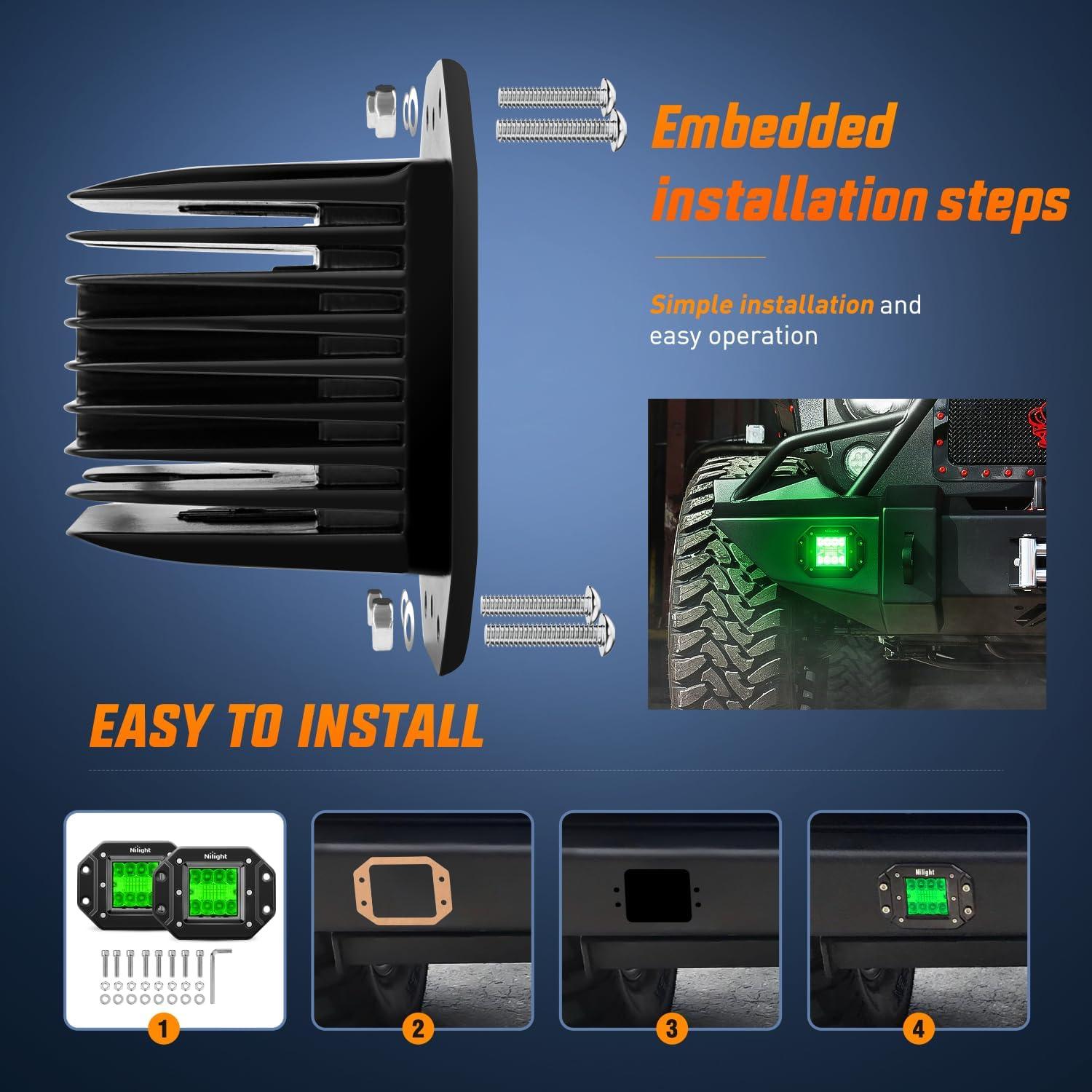 imageNilight Flush Mount LED Light Pods 2 PCS 42 W Amber Upgraded Spot Flood Combo Driving Fog Lights Off Road Lights Bumper LED Work Light for Truck SUV ATV UTV Pickup Van Boat TractorGreen Light