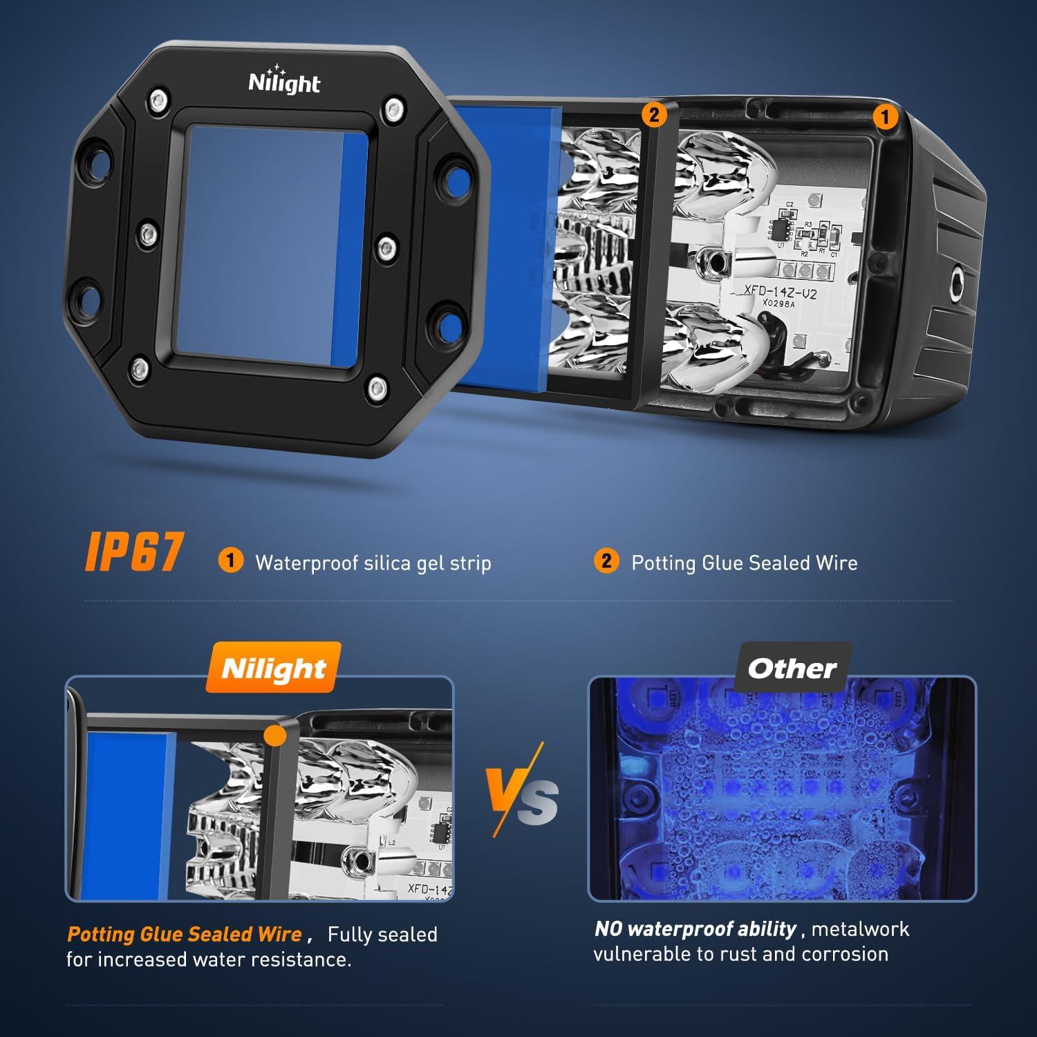 imageNilight Flush Mount LED Light Pods 2 PCS 42 W Amber Upgraded Spot Flood Combo Driving Fog Lights Off Road Lights Bumper LED Work Light for Truck SUV ATV UTV Pickup Van Boat TractorBlue Light