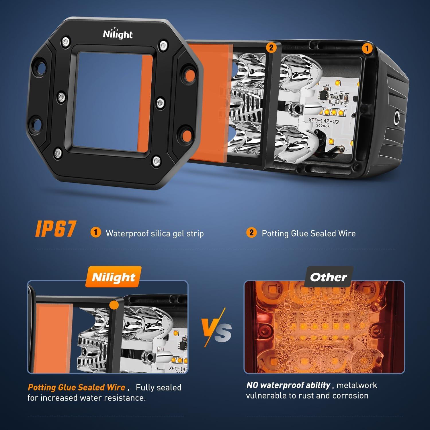 imageNilight Flush Mount LED Light Pods 2 PCS 42 W Amber Upgraded Spot Flood Combo Driving Fog Lights Off Road Lights Bumper LED Work Light for Truck SUV ATV UTV Pickup Van Boat TractorAmber Light