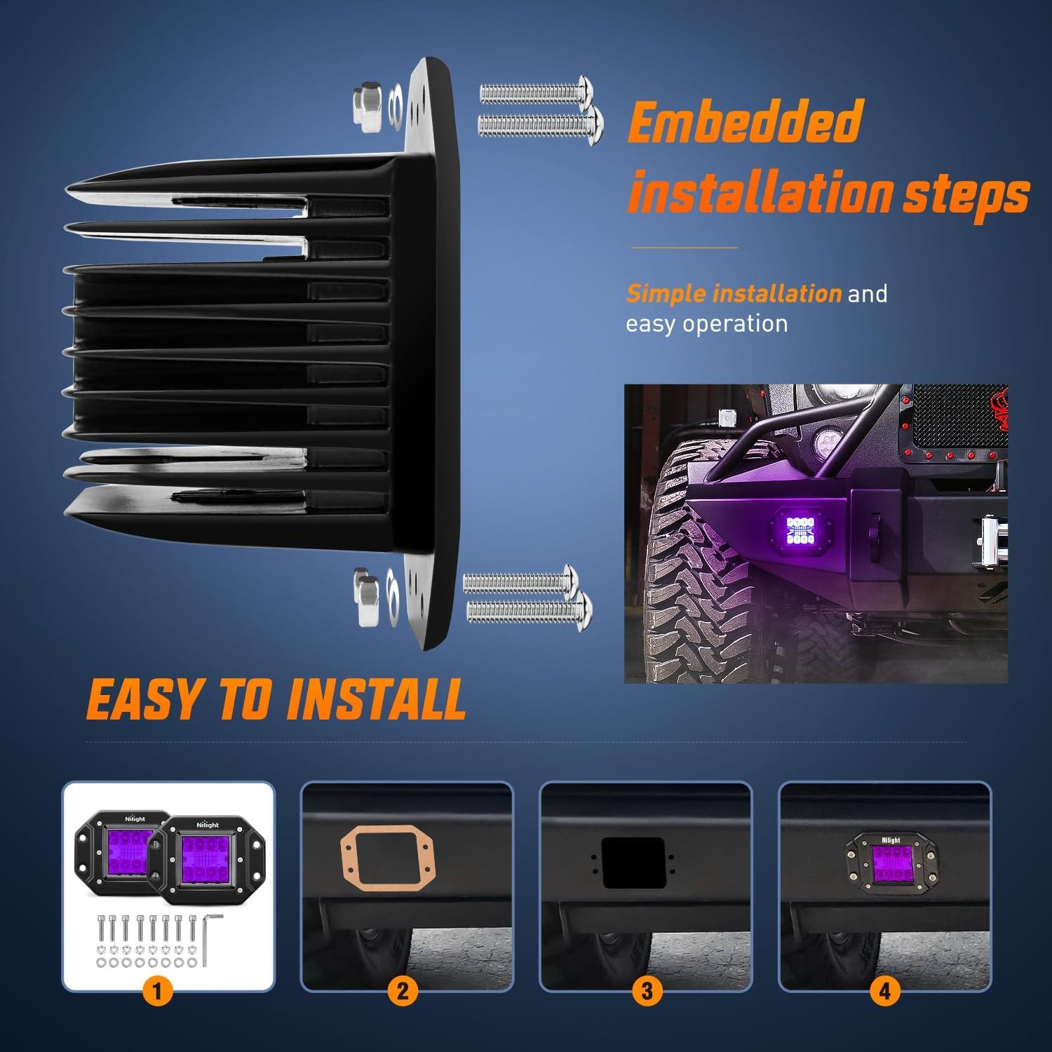 imageNilight Flush Mount LED Light Pods 2 PCS 42 W Amber Upgraded Spot Flood Combo Driving Fog Lights Off Road Lights Bumper LED Work Light for Truck SUV ATV UTV Pickup Van Boat TractorPurple Light