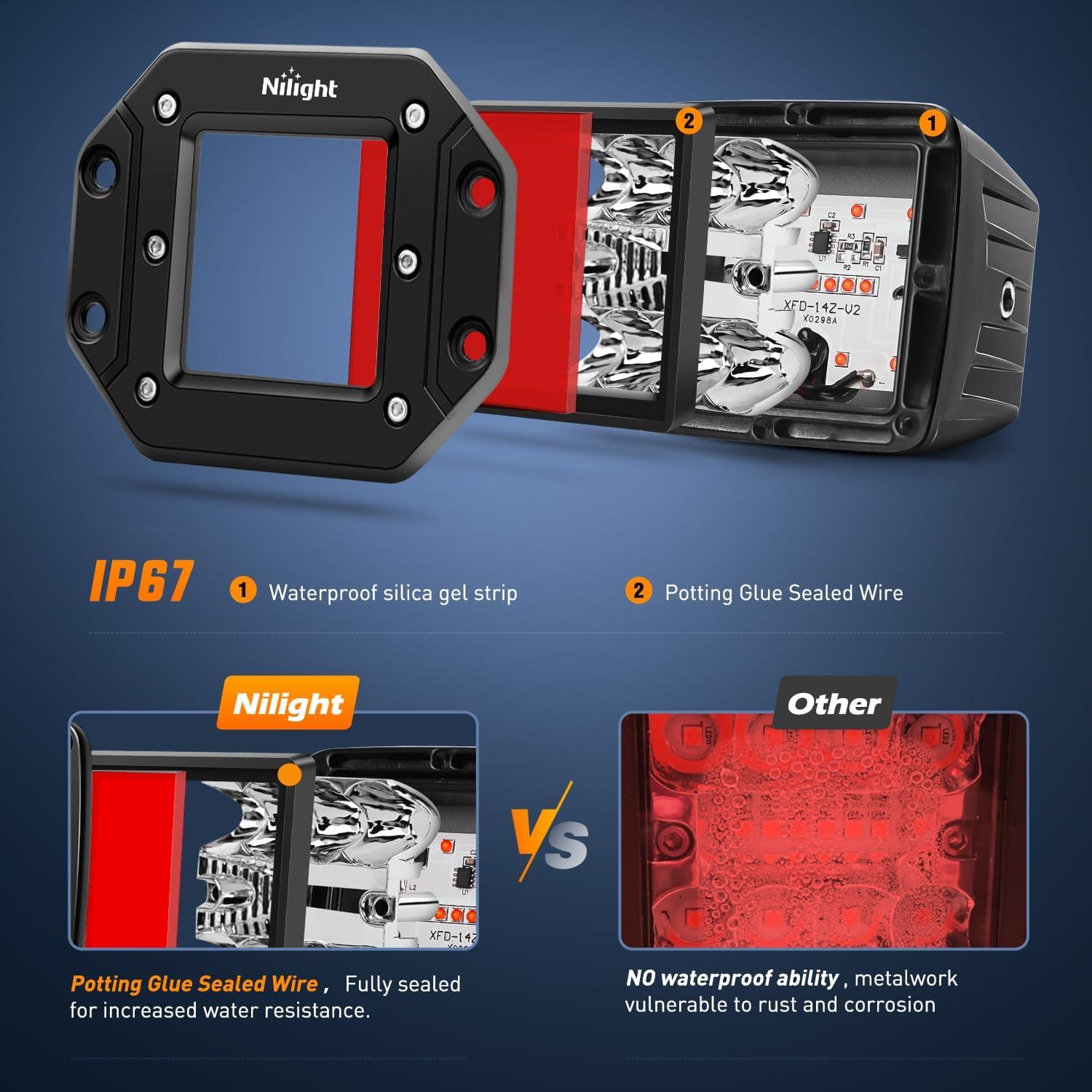 imageNilight Flush Mount LED Light Pods 2 PCS 42 W Amber Upgraded Spot Flood Combo Driving Fog Lights Off Road Lights Bumper LED Work Light for Truck SUV ATV UTV Pickup Van Boat TractorRed