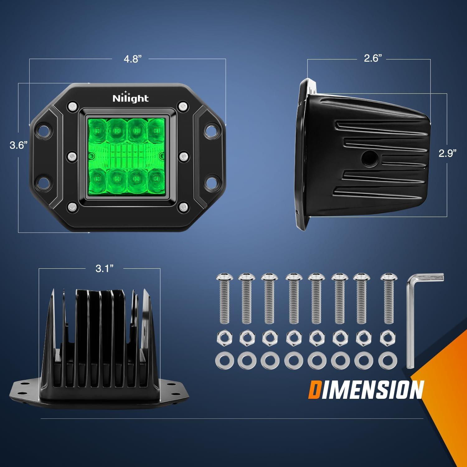 imageNilight Flush Mount LED Light Pods 2 PCS 42 W Amber Upgraded Spot Flood Combo Driving Fog Lights Off Road Lights Bumper LED Work Light for Truck SUV ATV UTV Pickup Van Boat TractorGreen Light