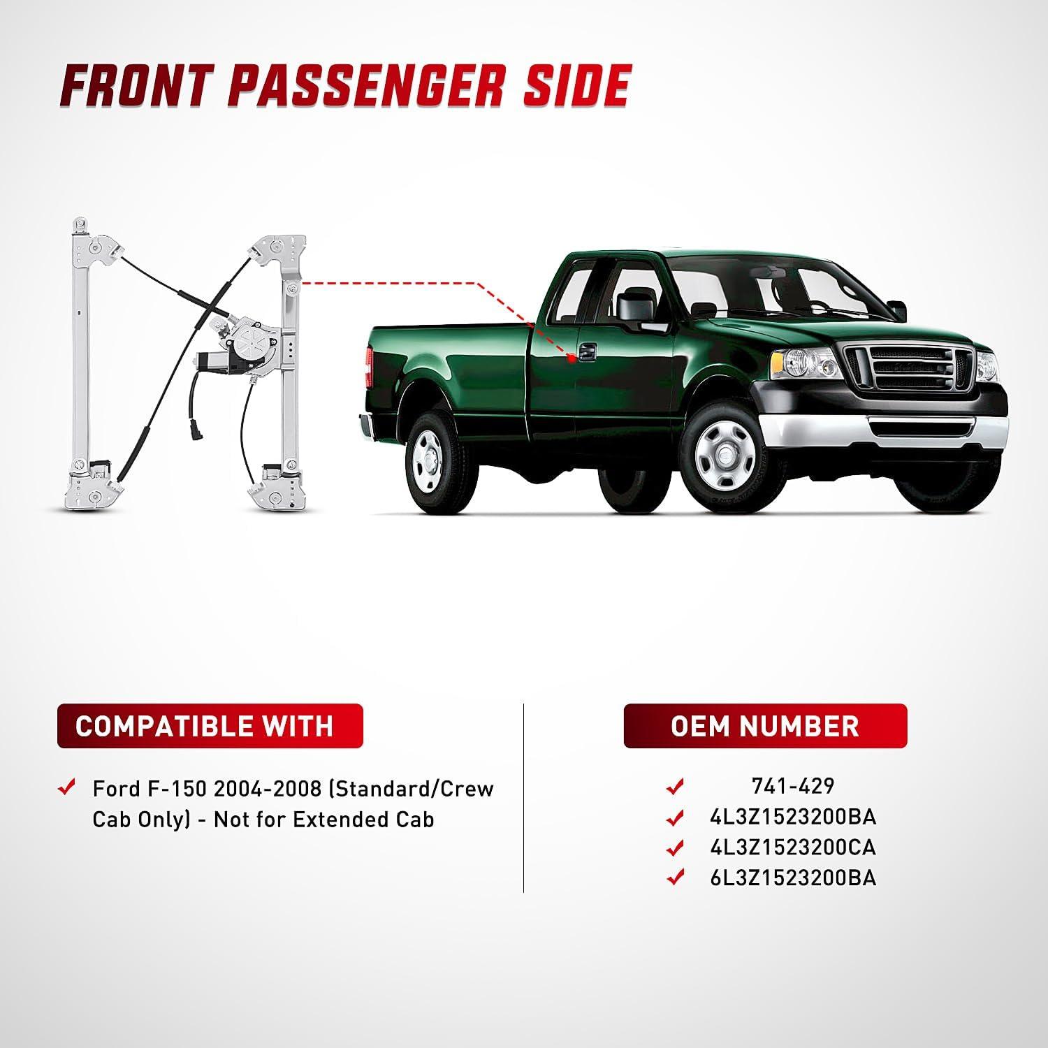 imageNilight Front Passenger Side Power Window RegulatorMotor Compatible with Ford F150 2004 2005 2006 2007 2008StandardCrew Cab Only Right Side 741429Front Passenger
