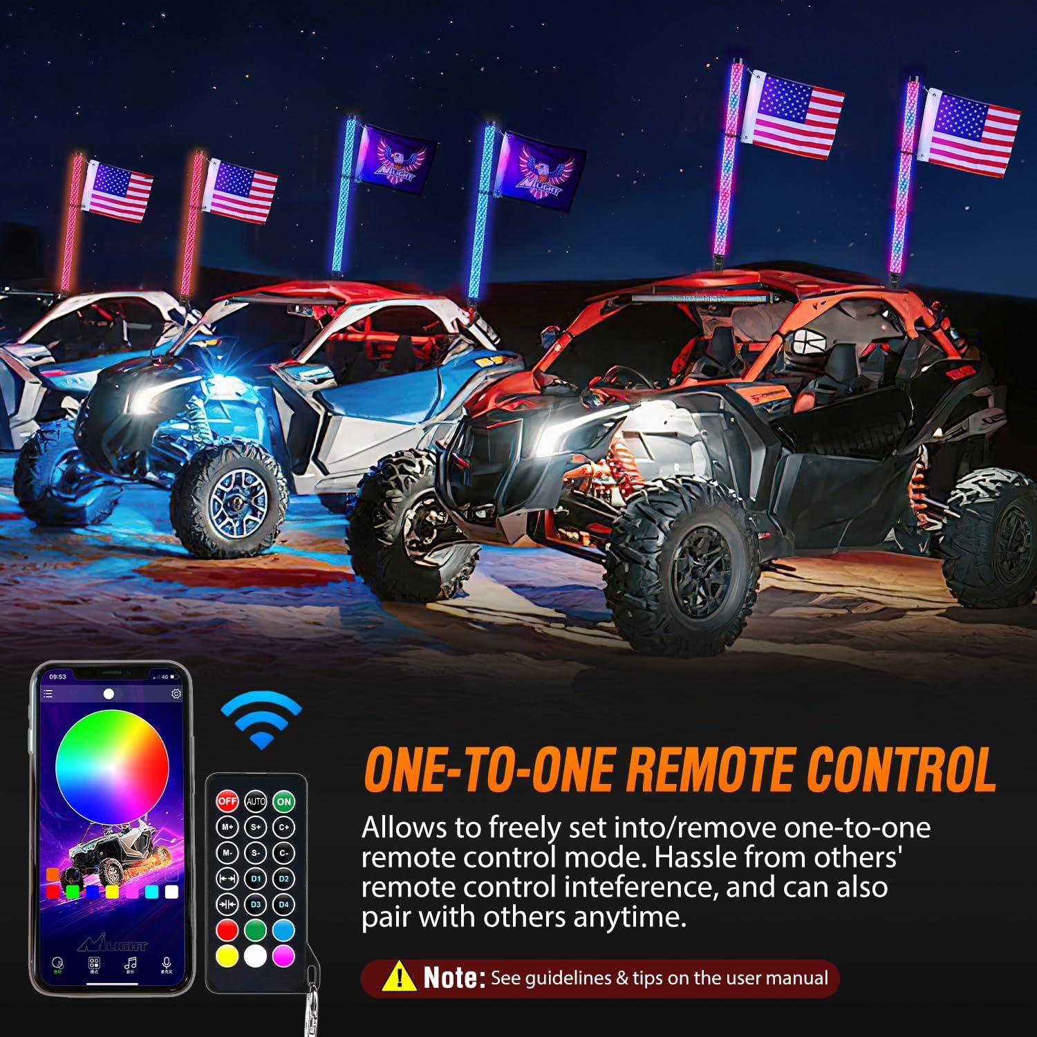 imageNilight LED Fat Whip Light 2PCS 1FT RGB Lighted Antenna Whips with Remote ampamp App Control DIY Chasing Patterns Brake Reverse Turn Lights for ATV UTV Polaris RZR Canam Dune Buggy Pickup Trucks Jeep3FT2PCS