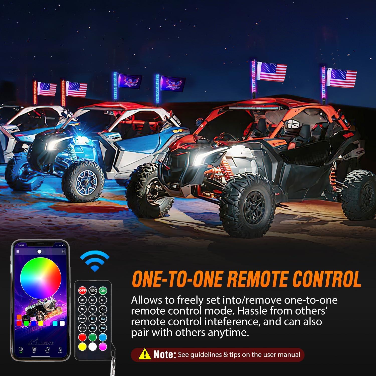 imageNilight LED Fat Whip Light 2PCS 1FT RGB Lighted Antenna Whips with Remote ampamp App Control DIY Chasing Patterns Brake Reverse Turn Lights for ATV UTV Polaris RZR Canam Dune Buggy Pickup Trucks Jeep2FT2PCS