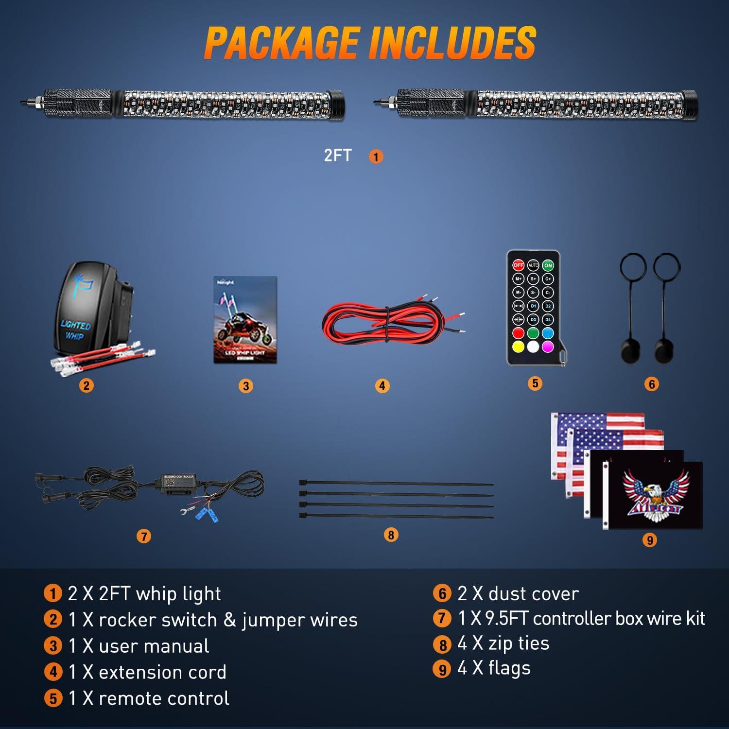 imageNilight LED Fat Whip Light 2PCS 1FT RGB Lighted Antenna Whips with Remote ampamp App Control DIY Chasing Patterns Brake Reverse Turn Lights for ATV UTV Polaris RZR Canam Dune Buggy Pickup Trucks Jeep2FT2PCS