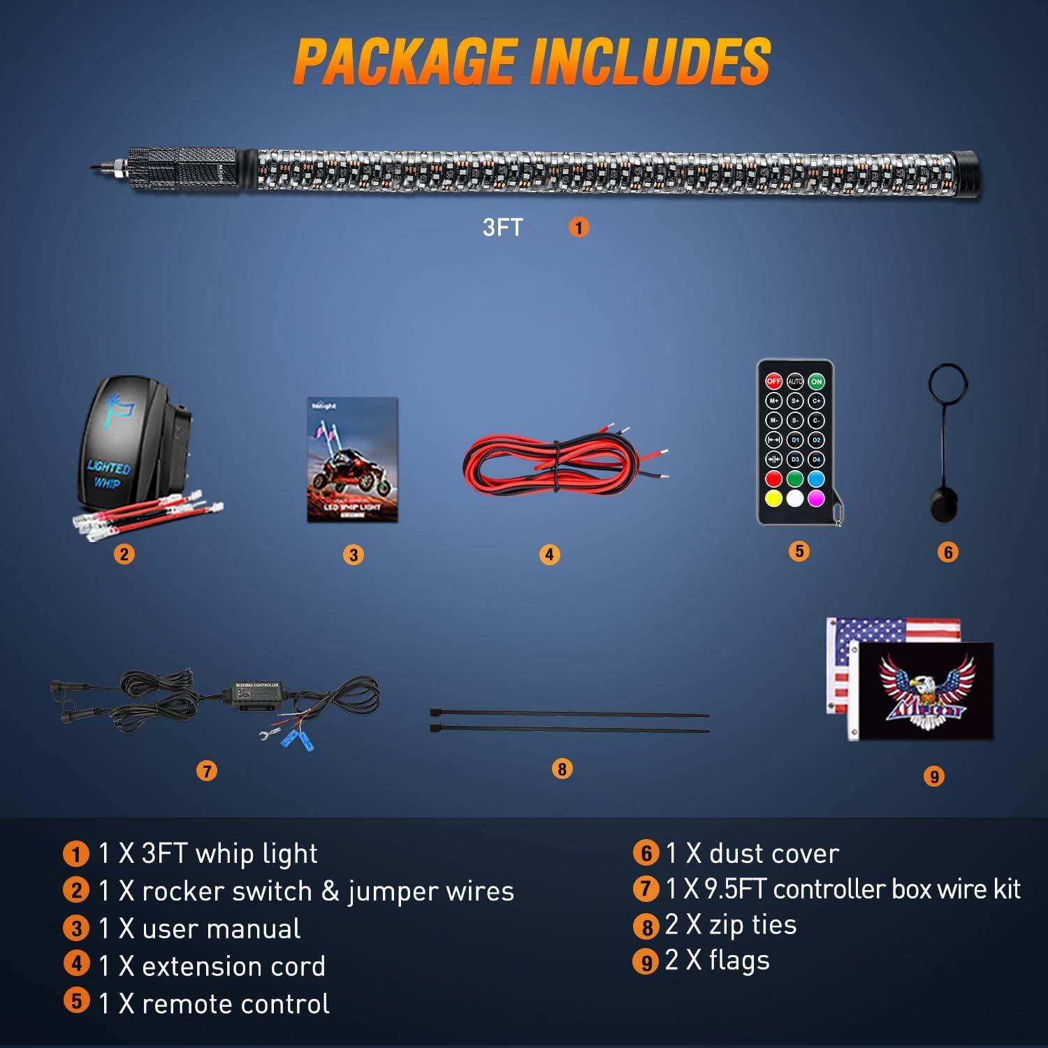 imageNilight LED Fat Whip Light 2PCS 1FT RGB Lighted Antenna Whips with Remote ampamp App Control DIY Chasing Patterns Brake Reverse Turn Lights for ATV UTV Polaris RZR Canam Dune Buggy Pickup Trucks Jeep3FT1PC