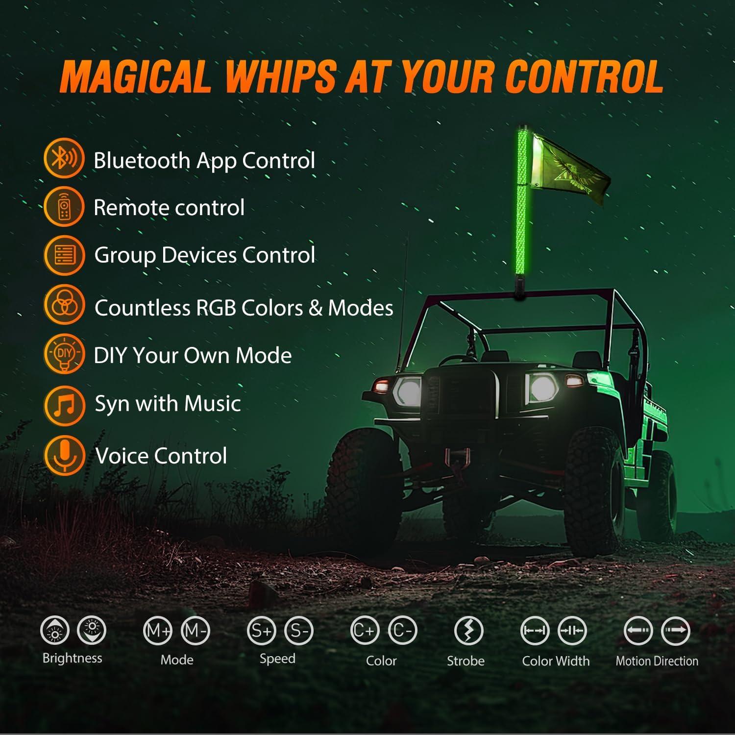 imageNilight LED Fat Whip Light 2PCS 1FT RGB Lighted Antenna Whips with Remote ampamp App Control DIY Chasing Patterns Brake Reverse Turn Lights for ATV UTV Polaris RZR Canam Dune Buggy Pickup Trucks Jeep3FT1PC