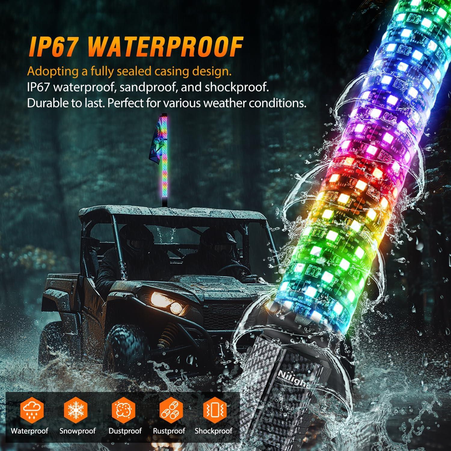 imageNilight LED Fat Whip Light 2PCS 1FT RGB Lighted Antenna Whips with Remote ampamp App Control DIY Chasing Patterns Brake Reverse Turn Lights for ATV UTV Polaris RZR Canam Dune Buggy Pickup Trucks Jeep3FT1PC