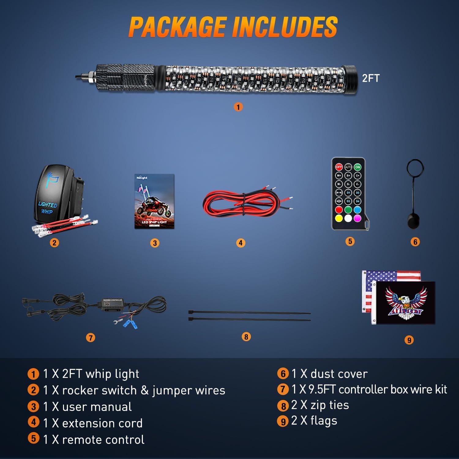 imageNilight LED Fat Whip Light 2PCS 1FT RGB Lighted Antenna Whips with Remote ampamp App Control DIY Chasing Patterns Brake Reverse Turn Lights for ATV UTV Polaris RZR Canam Dune Buggy Pickup Trucks Jeep2FT1PC