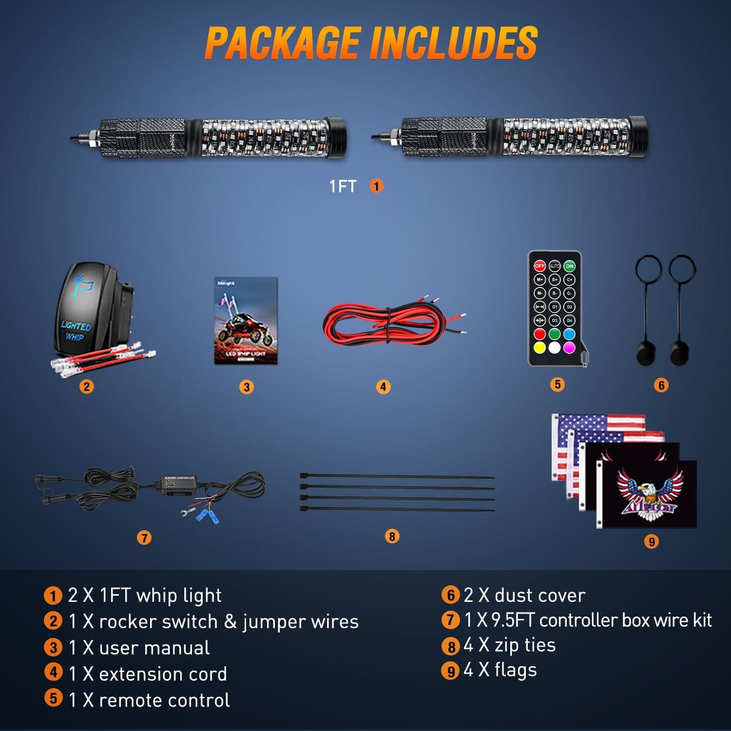 imageNilight LED Fat Whip Light 2PCS 1FT RGB Lighted Antenna Whips with Remote ampamp App Control DIY Chasing Patterns Brake Reverse Turn Lights for ATV UTV Polaris RZR Canam Dune Buggy Pickup Trucks Jeep1FT2PCS