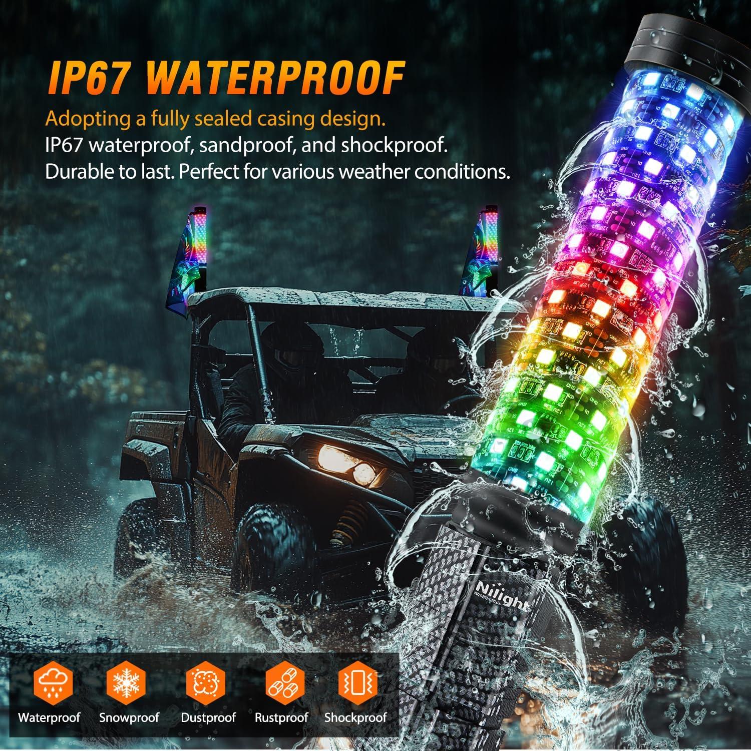 imageNilight LED Fat Whip Light 2PCS 1FT RGB Lighted Antenna Whips with Remote ampamp App Control DIY Chasing Patterns Brake Reverse Turn Lights for ATV UTV Polaris RZR Canam Dune Buggy Pickup Trucks Jeep1FT2PCS