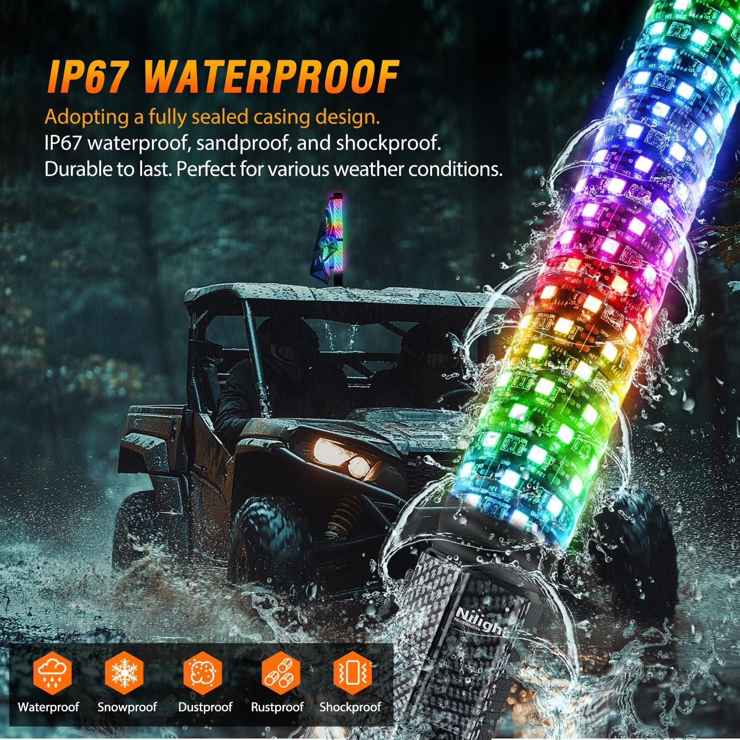 imageNilight LED Fat Whip Light 2PCS 1FT RGB Lighted Antenna Whips with Remote ampamp App Control DIY Chasing Patterns Brake Reverse Turn Lights for ATV UTV Polaris RZR Canam Dune Buggy Pickup Trucks Jeep2FT1PC