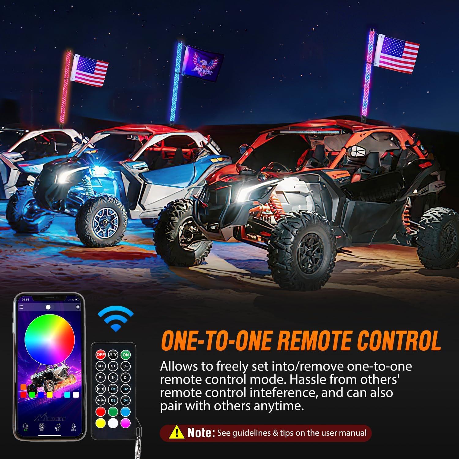 imageNilight LED Fat Whip Light 2PCS 1FT RGB Lighted Antenna Whips with Remote ampamp App Control DIY Chasing Patterns Brake Reverse Turn Lights for ATV UTV Polaris RZR Canam Dune Buggy Pickup Trucks Jeep3FT1PC