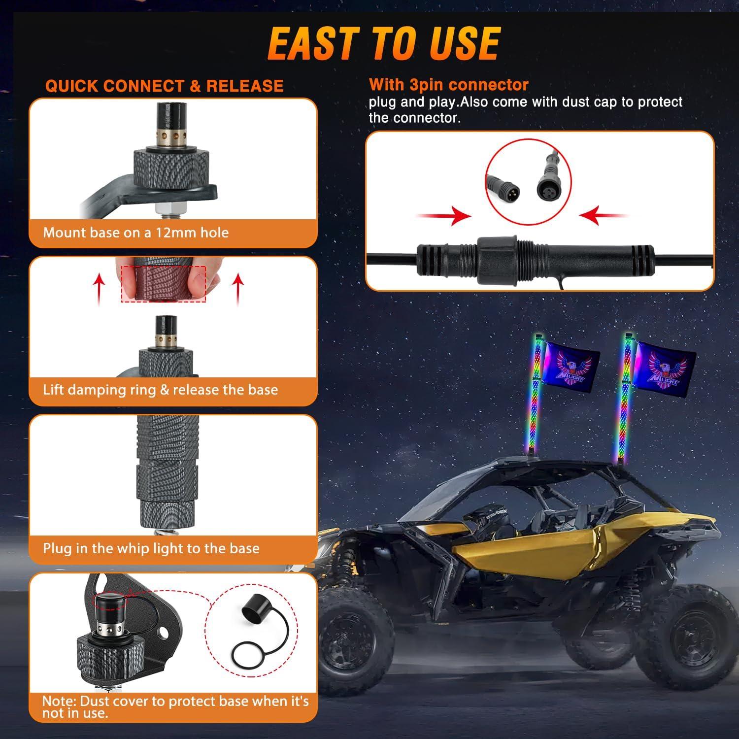 imageNilight LED Fat Whip Light 2PCS 1FT RGB Lighted Antenna Whips with Remote ampamp App Control DIY Chasing Patterns Brake Reverse Turn Lights for ATV UTV Polaris RZR Canam Dune Buggy Pickup Trucks Jeep3FT2PCS