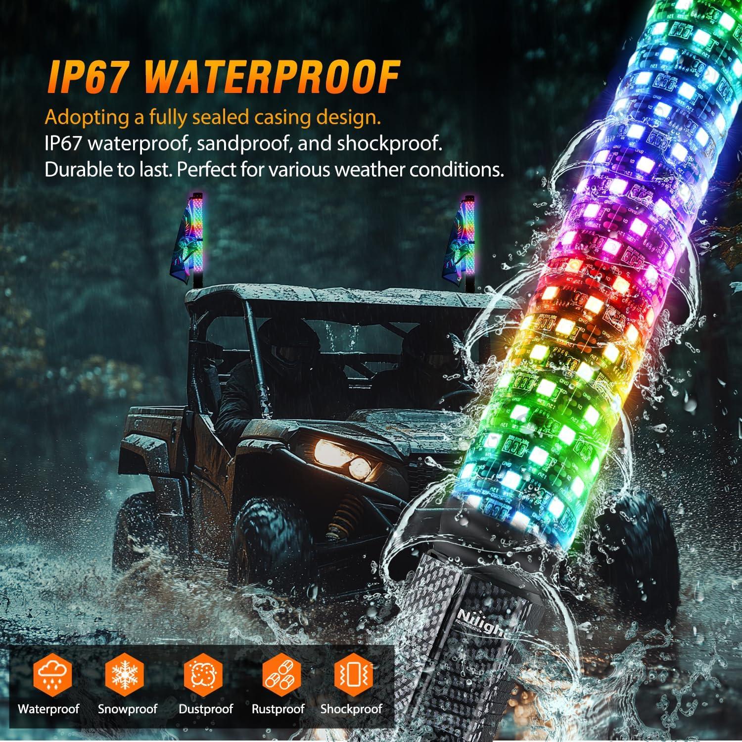 imageNilight LED Fat Whip Light 2PCS 1FT RGB Lighted Antenna Whips with Remote ampamp App Control DIY Chasing Patterns Brake Reverse Turn Lights for ATV UTV Polaris RZR Canam Dune Buggy Pickup Trucks Jeep2FT2PCS