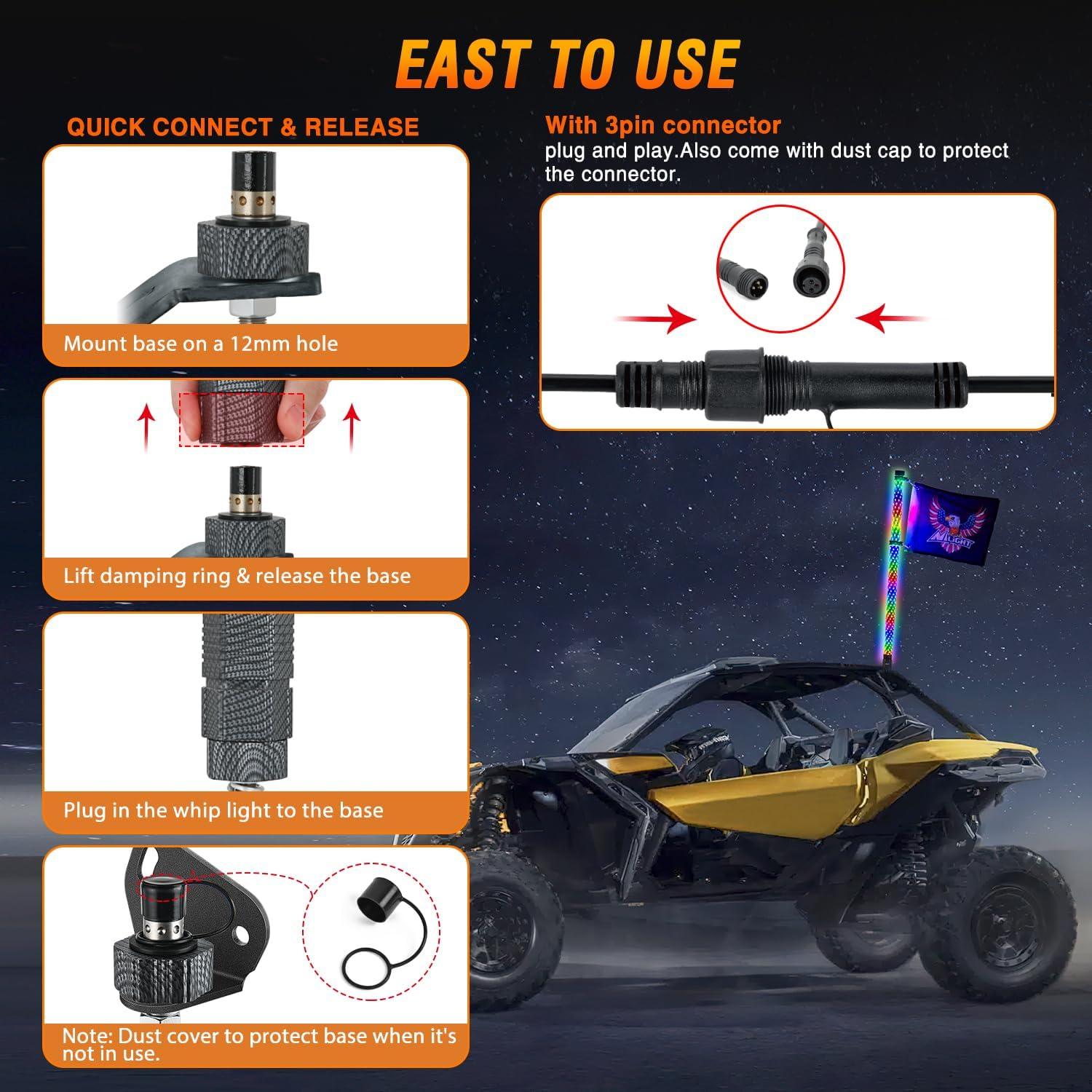 imageNilight LED Fat Whip Light 2PCS 1FT RGB Lighted Antenna Whips with Remote ampamp App Control DIY Chasing Patterns Brake Reverse Turn Lights for ATV UTV Polaris RZR Canam Dune Buggy Pickup Trucks Jeep3FT1PC