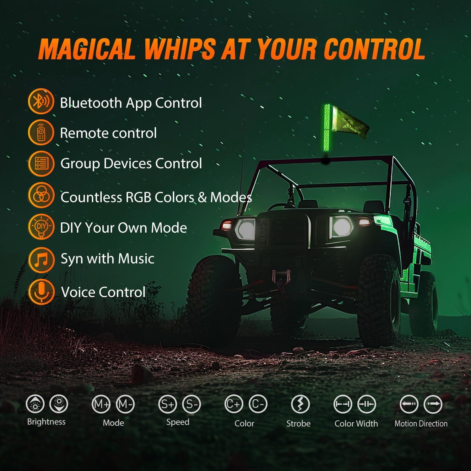 imageNilight LED Fat Whip Light 2PCS 1FT RGB Lighted Antenna Whips with Remote ampamp App Control DIY Chasing Patterns Brake Reverse Turn Lights for ATV UTV Polaris RZR Canam Dune Buggy Pickup Trucks Jeep2FT1PC