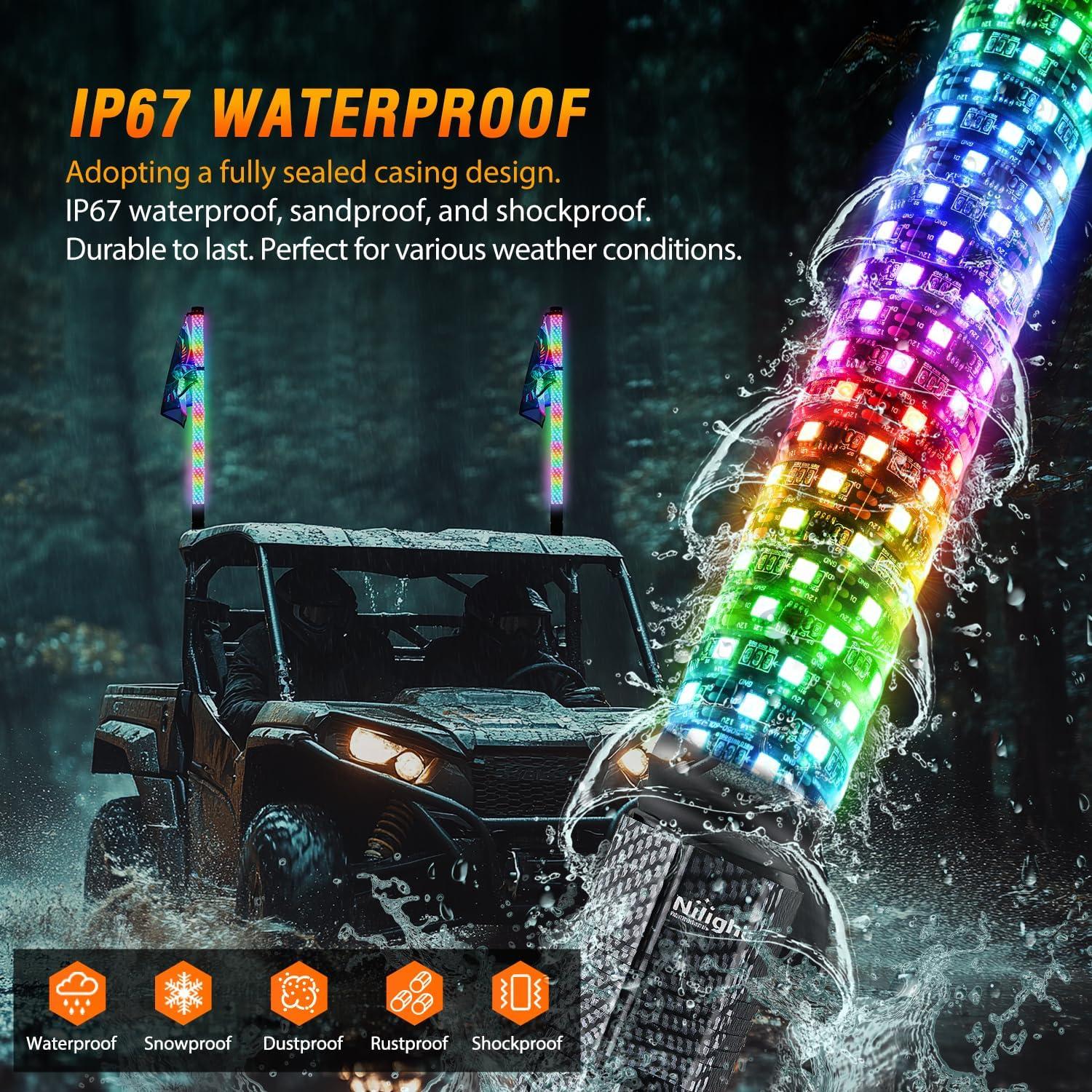 imageNilight LED Fat Whip Light 2PCS 1FT RGB Lighted Antenna Whips with Remote ampamp App Control DIY Chasing Patterns Brake Reverse Turn Lights for ATV UTV Polaris RZR Canam Dune Buggy Pickup Trucks Jeep3FT2PCS