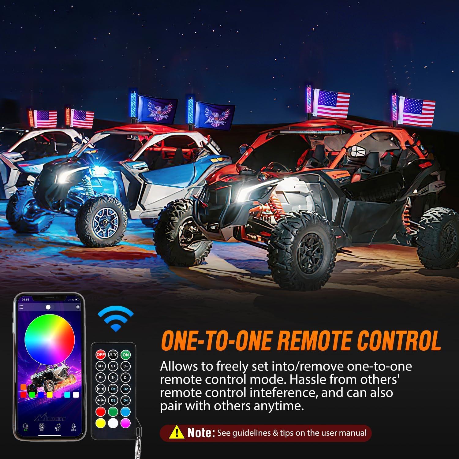 imageNilight LED Fat Whip Light 2PCS 1FT RGB Lighted Antenna Whips with Remote ampamp App Control DIY Chasing Patterns Brake Reverse Turn Lights for ATV UTV Polaris RZR Canam Dune Buggy Pickup Trucks Jeep1FT2PCS