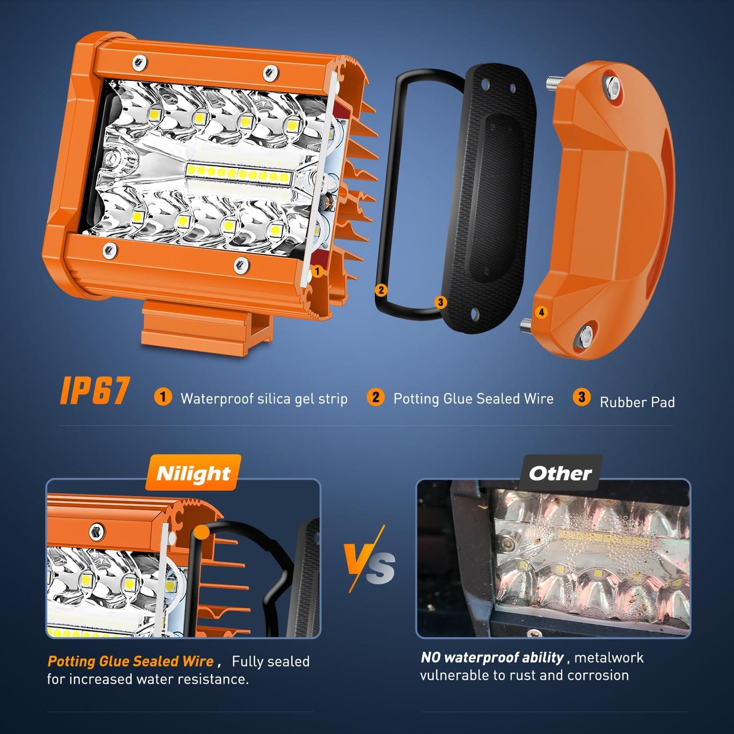 imageNilight LED Light Bar 2PC 4Inch 60W Flood Spot Combo Triple Row Driving Lamp Roof Bumper Off Road Work Lights for Van Camper Wagon Car Pickup Golf Cart ATV UTV SUV Truck Boat 4x42Pcs Amber Shell with White Light